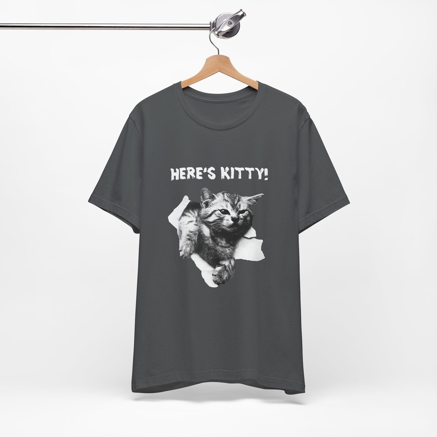 Gray t-shirt with a cat graphic and 'HERE'S KITTY!' text on a hanger against a white background