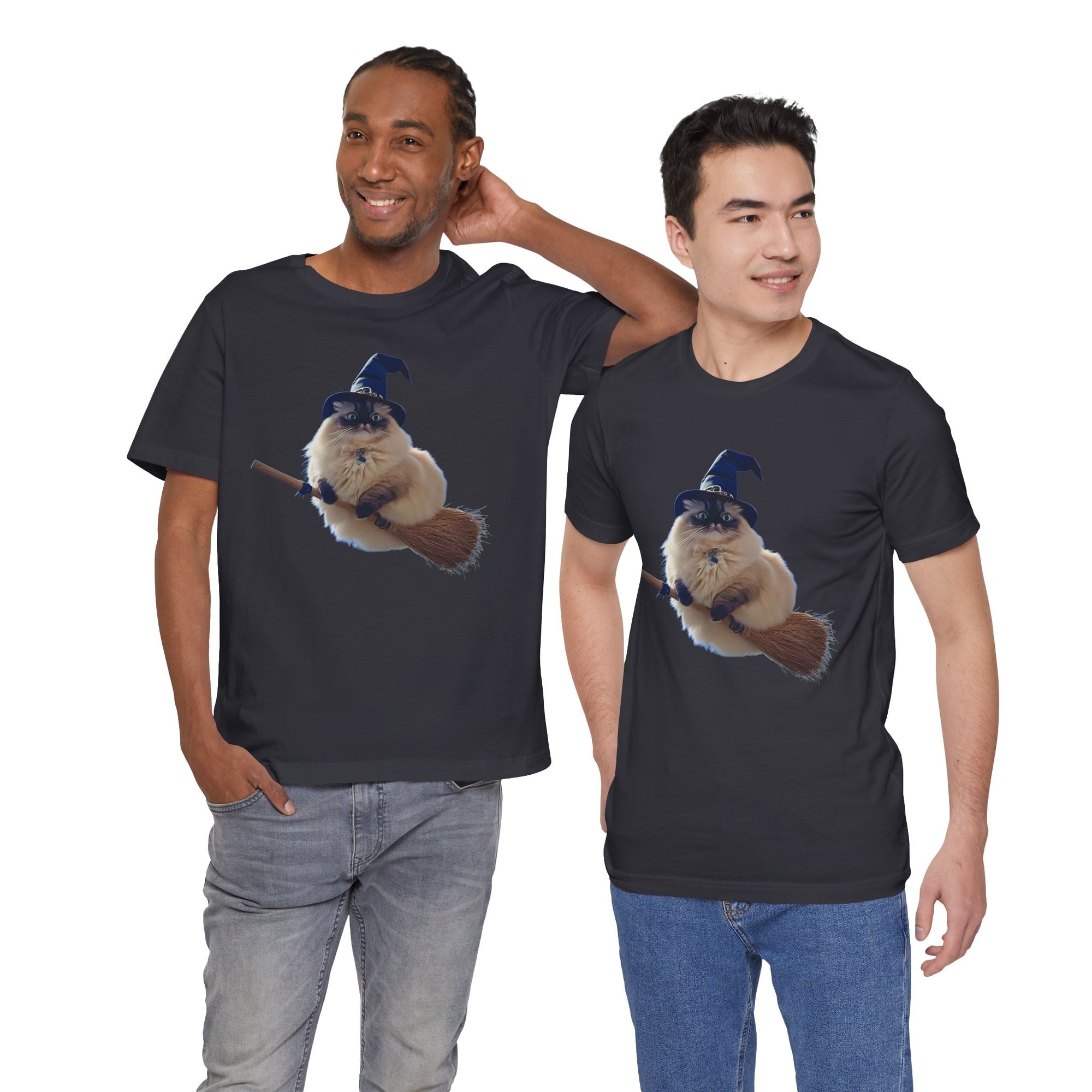 Two men wearing black t-shirts with a graphic and text on a white background
