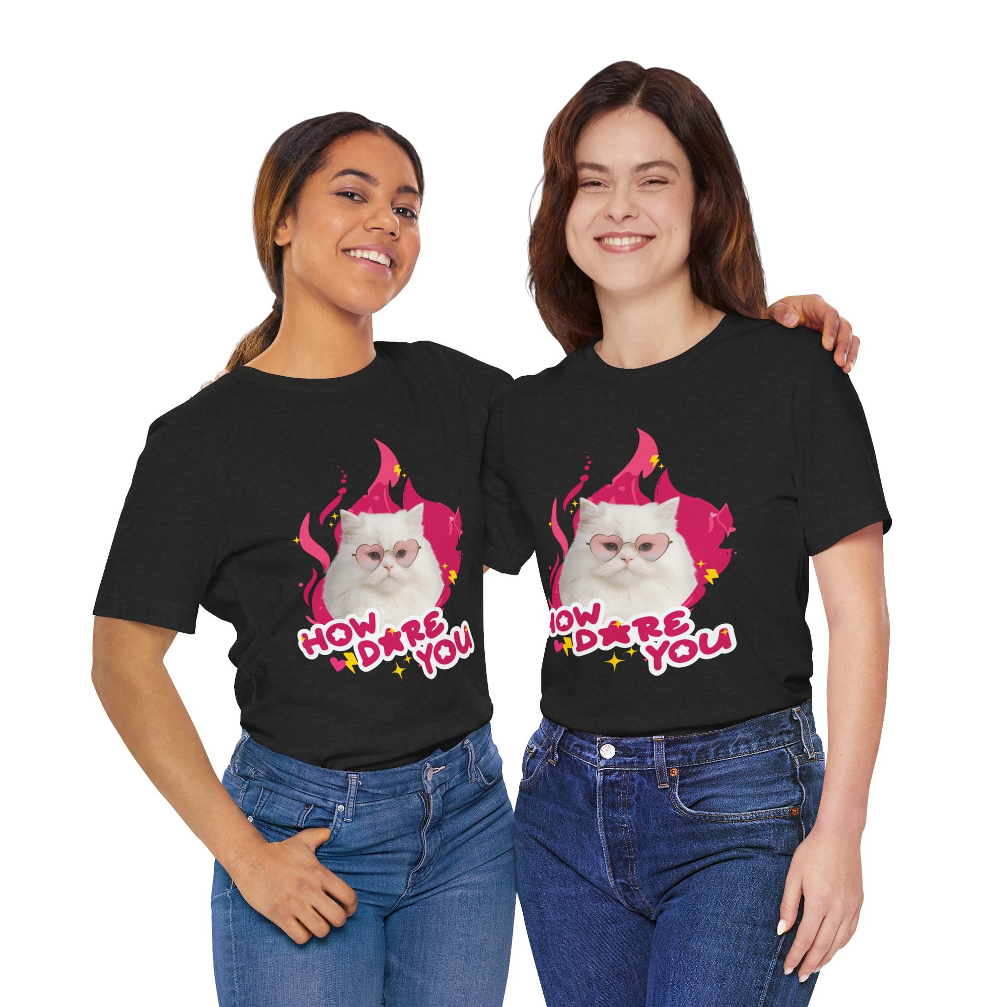 Two people wearing black t-shirts with a cat graphic and text on a white background