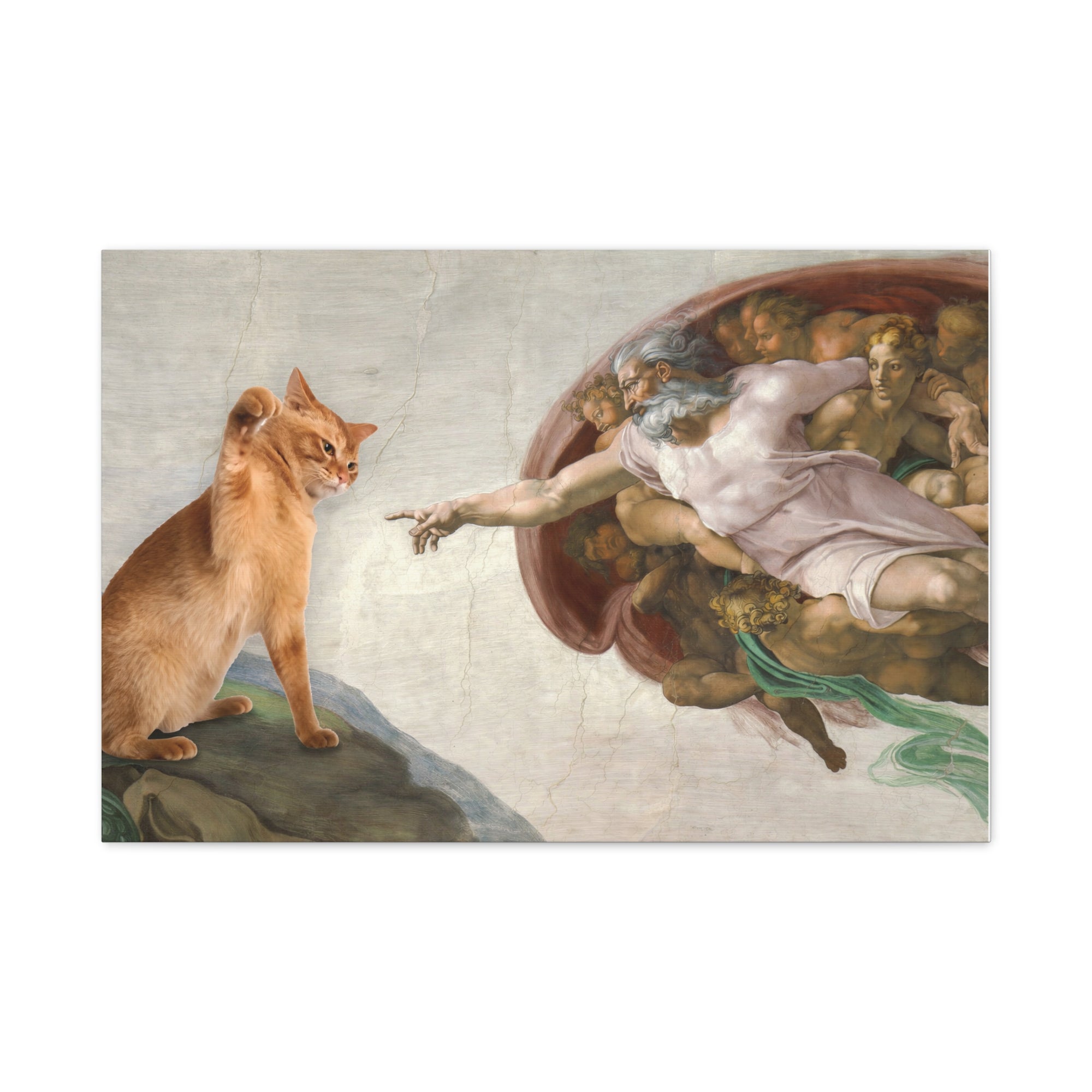 Meme of a cat standing on a pedestal with Michelangelo's 'Creation of Adam' in the background