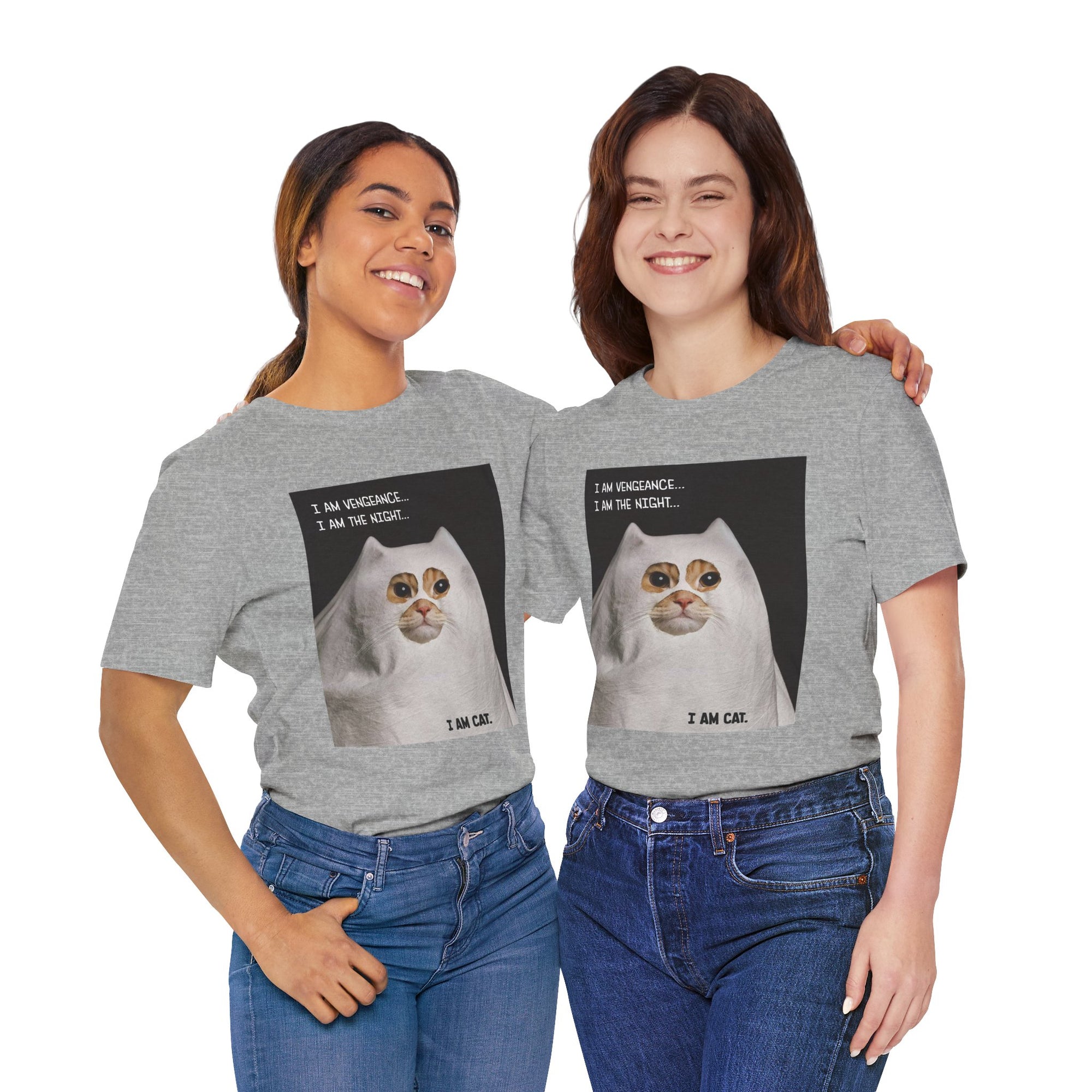 Two people wearing gray t-shirts with a cat graphic and text.