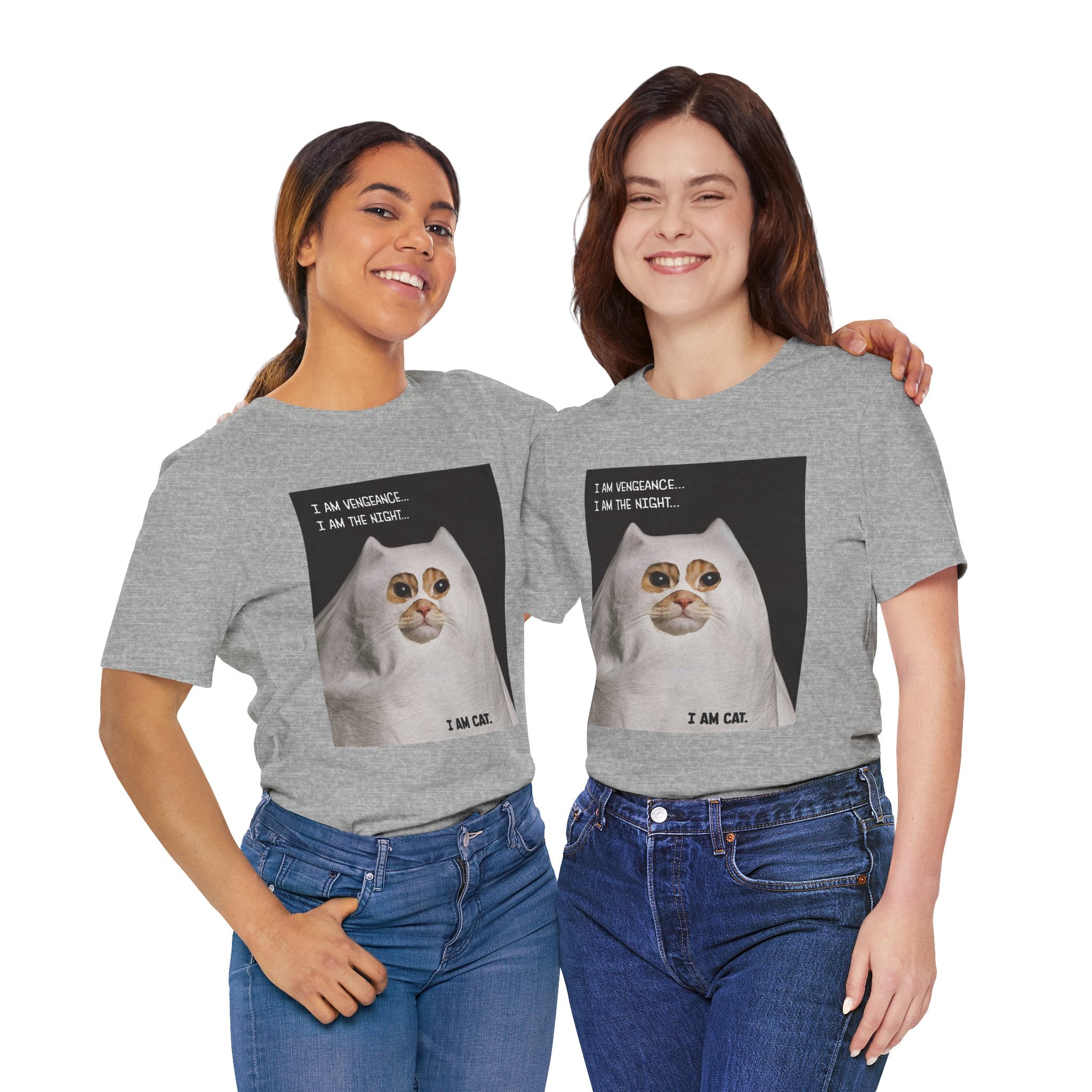 Two people wearing gray t-shirts with a cat graphic and text.