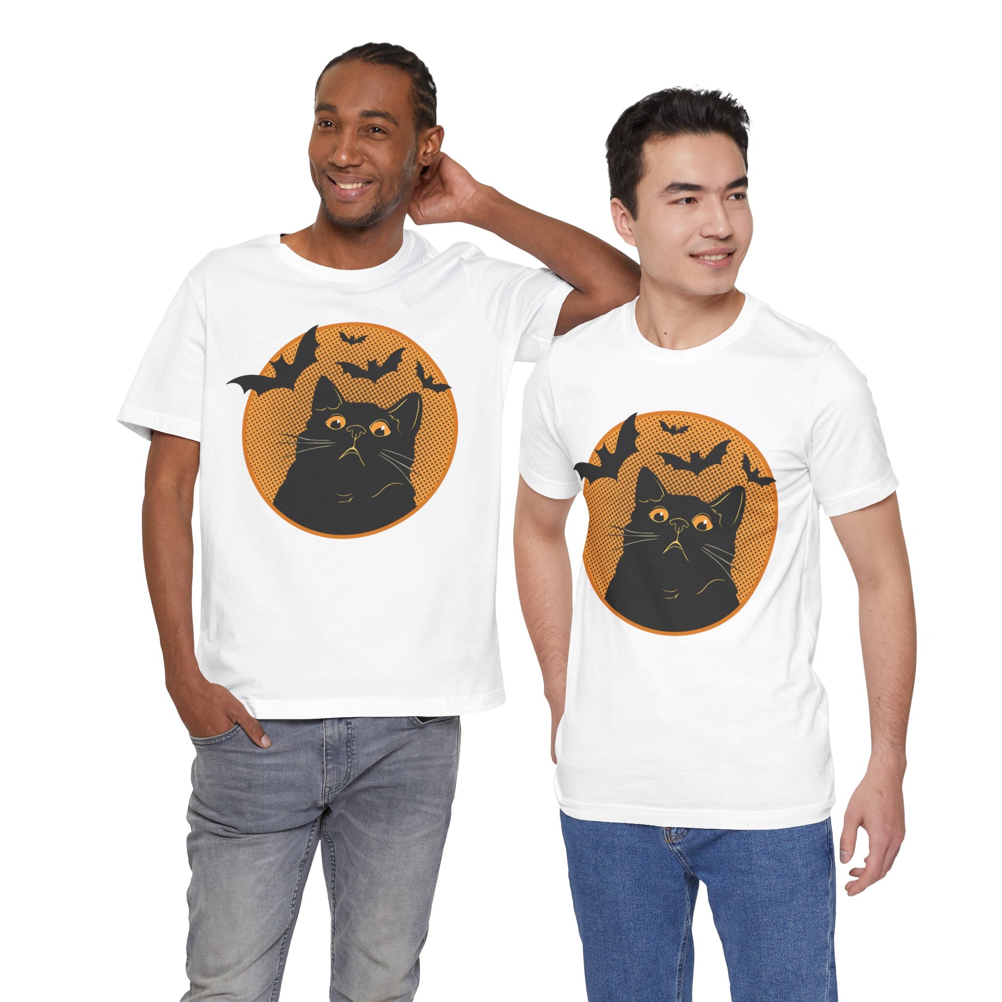 Two men wearing white t-shirts with a black cat and bats design on a white background