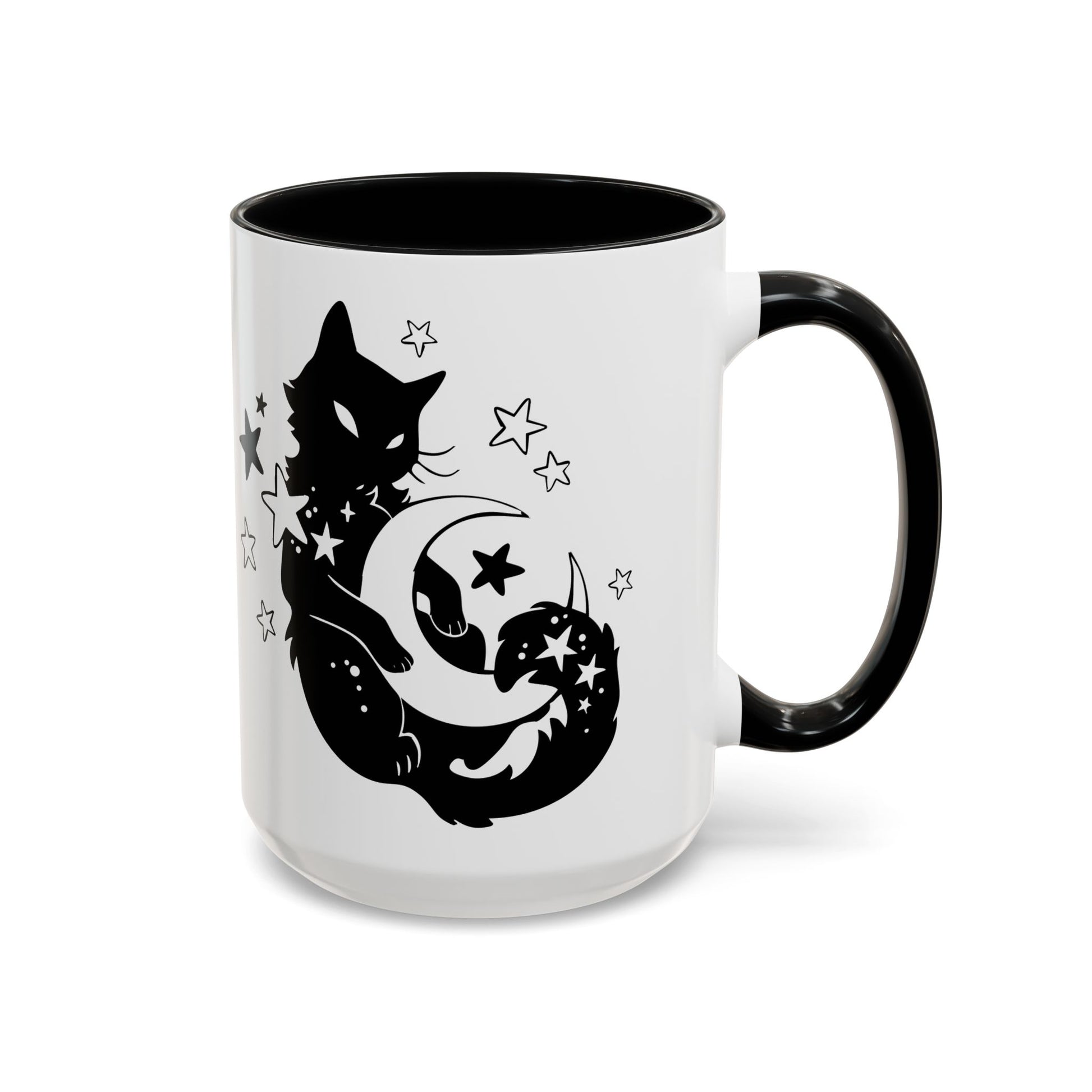 White mug with black interior and handle, featuring a black cat, moon, and star design.