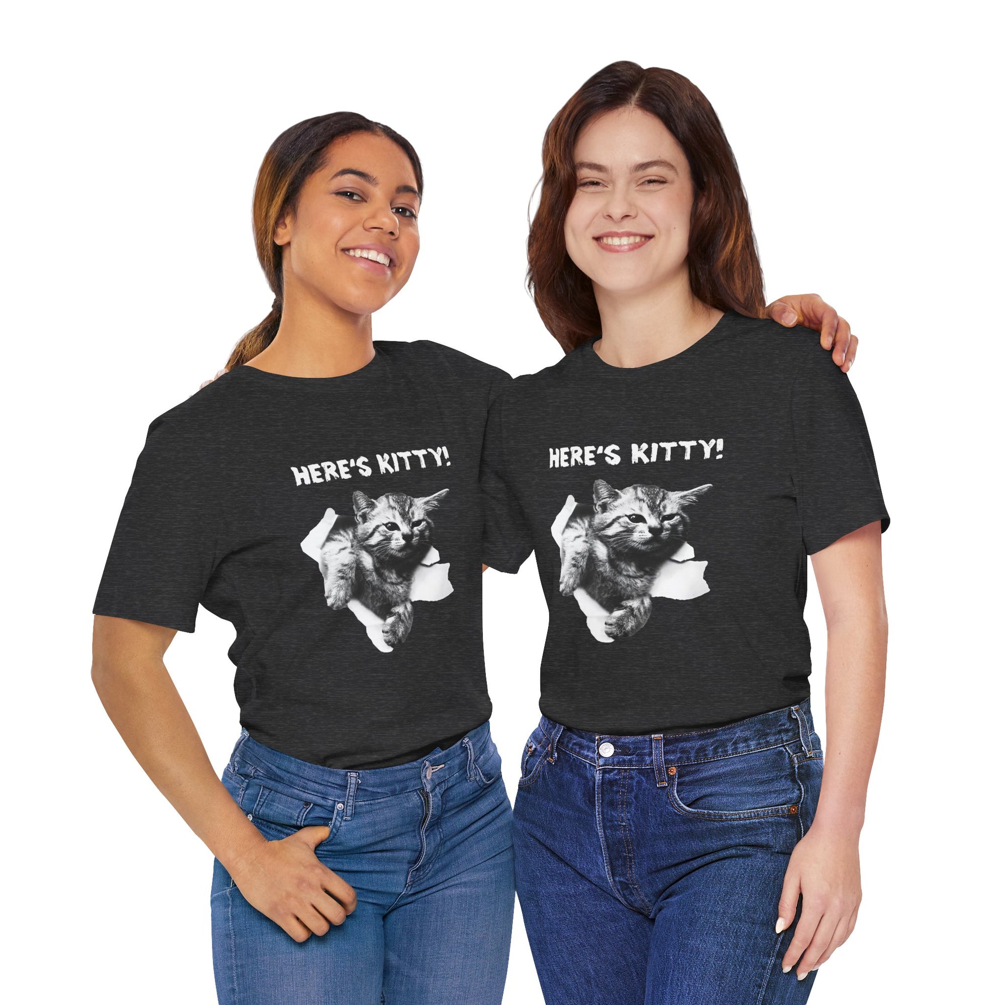 Two people wearing black  t-shirts with a cat graphic and 'Here's Kitty!' text.