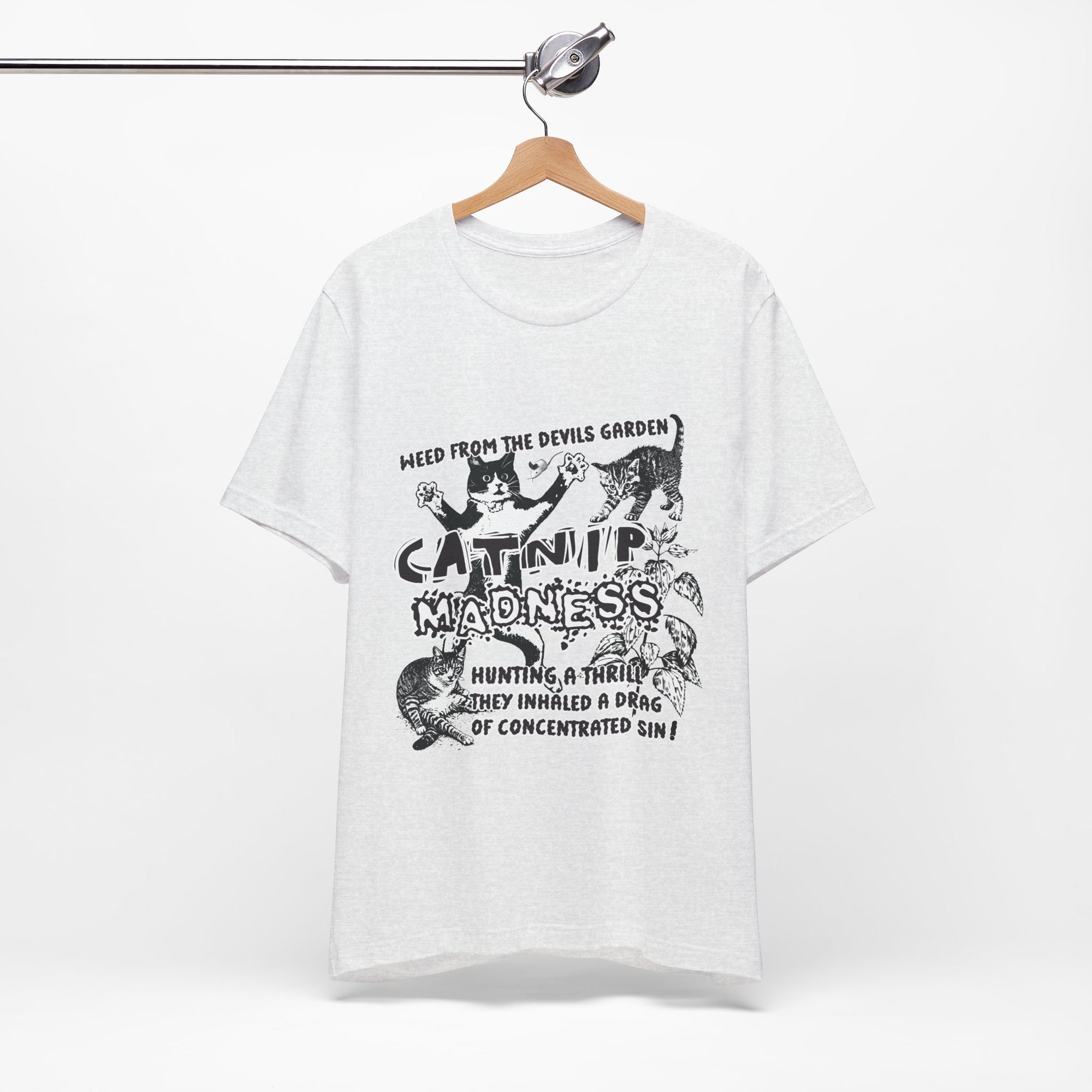 White t-shirt with black graphic design on a white background