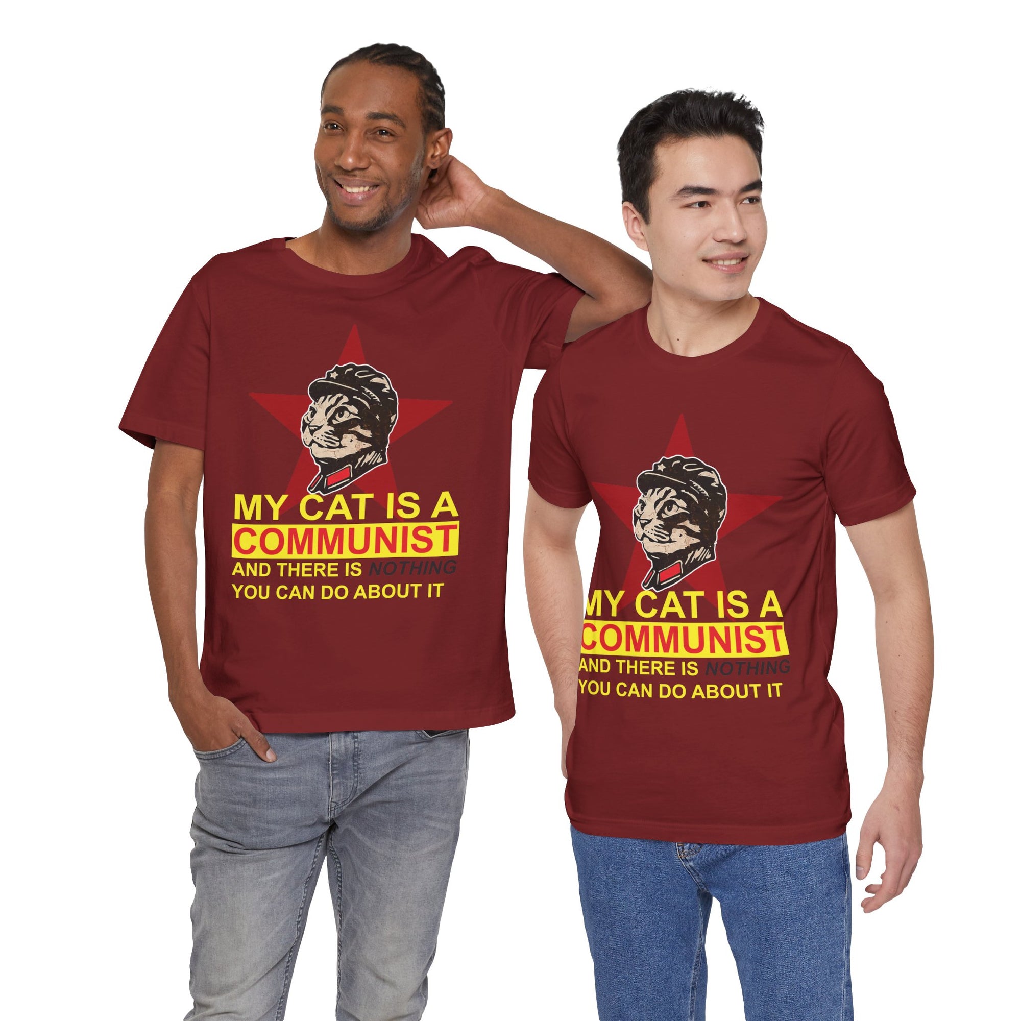 Two people wearing t-shirts with a cat graphic and text.