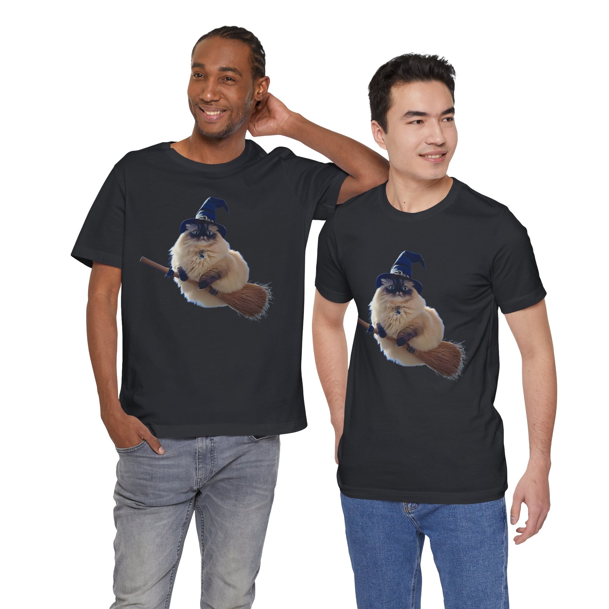 Two men wearing Black t-shirt featuring a fluffy cat wearing a blue witch hat and riding a broomstick.
