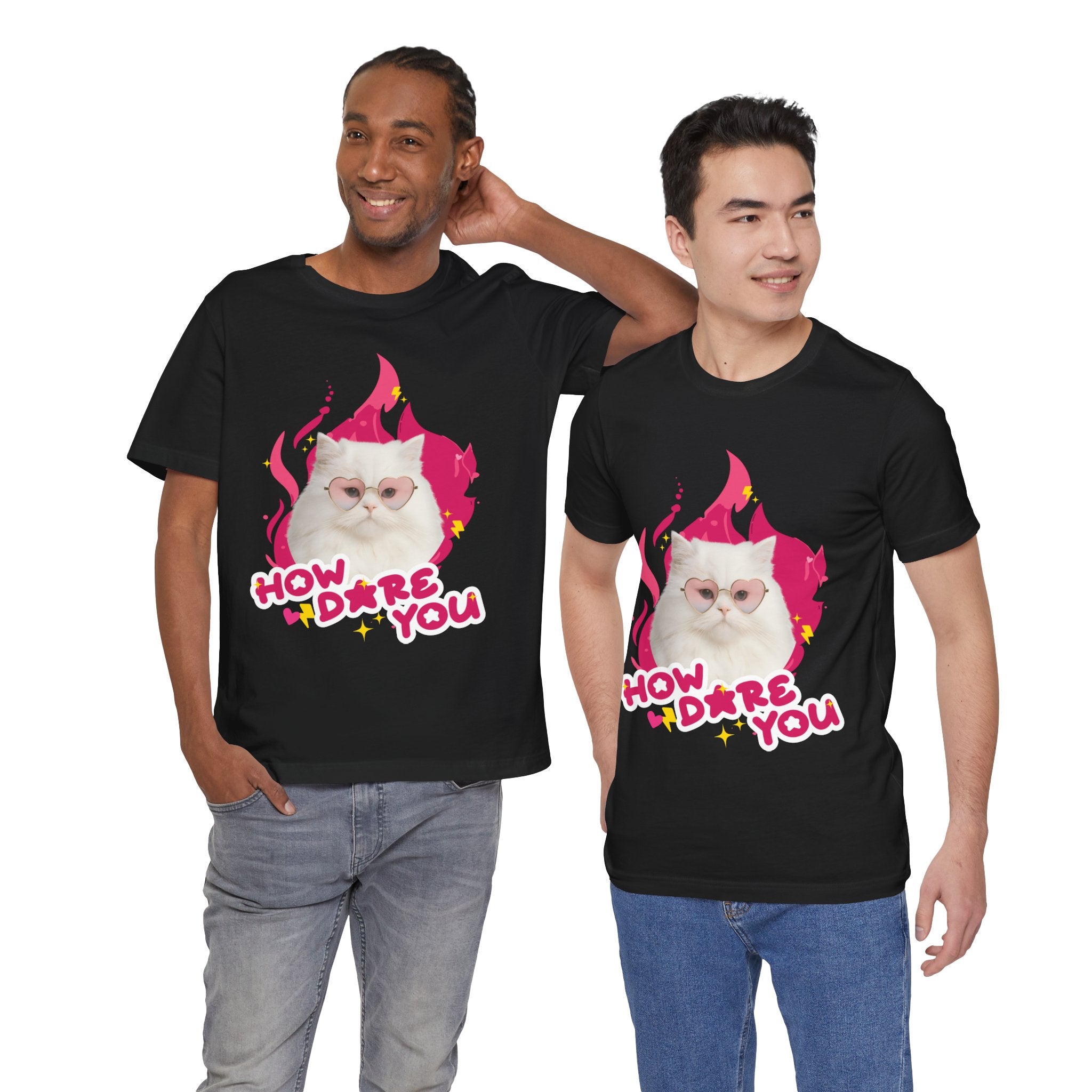 Two people wearing black t-shirts with a cat graphic and text 'HOW DARE YOU' on a white background.