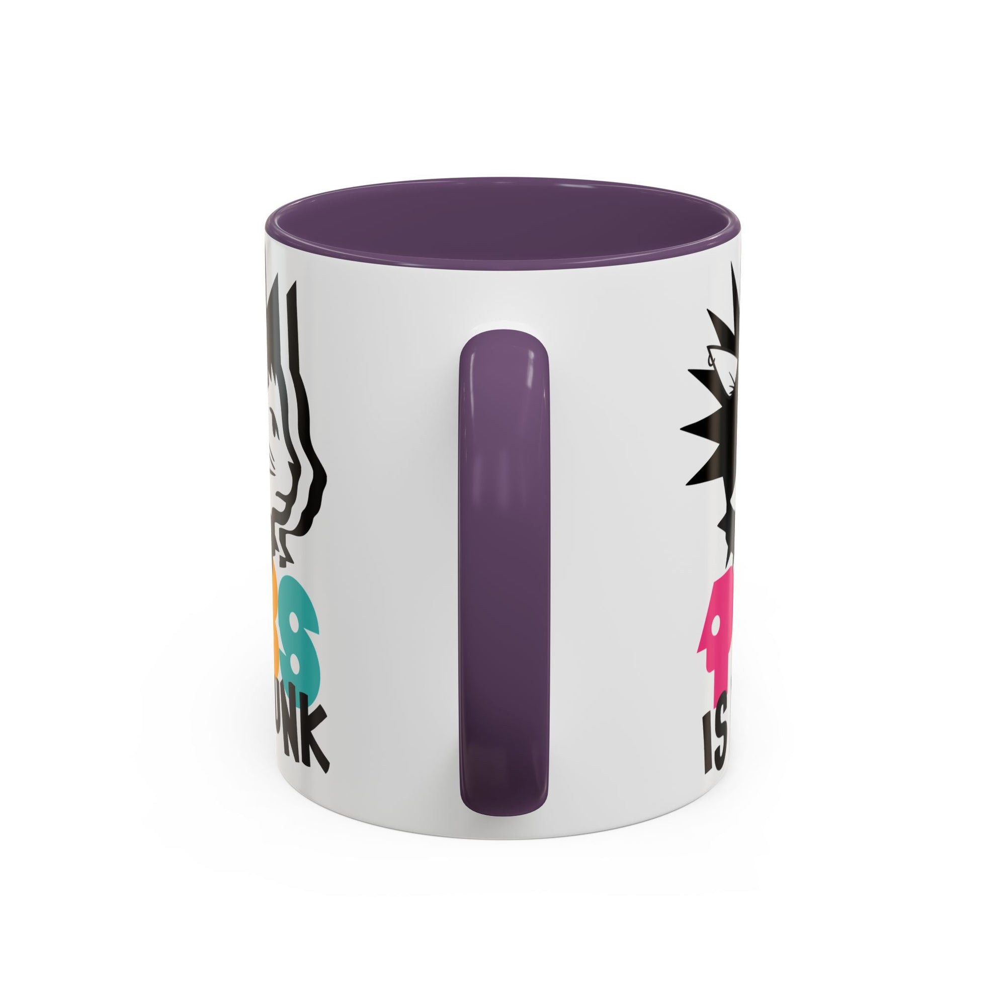 White mug with colorful text and a purple handle on a white background