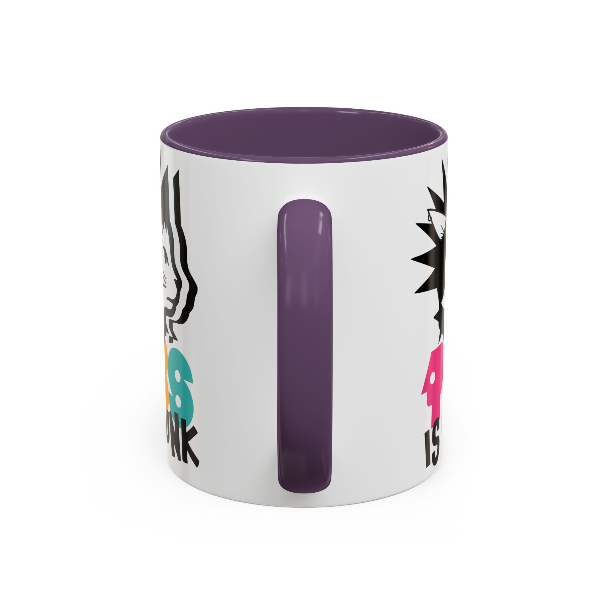 White mug with colorful text and a purple handle on a white background