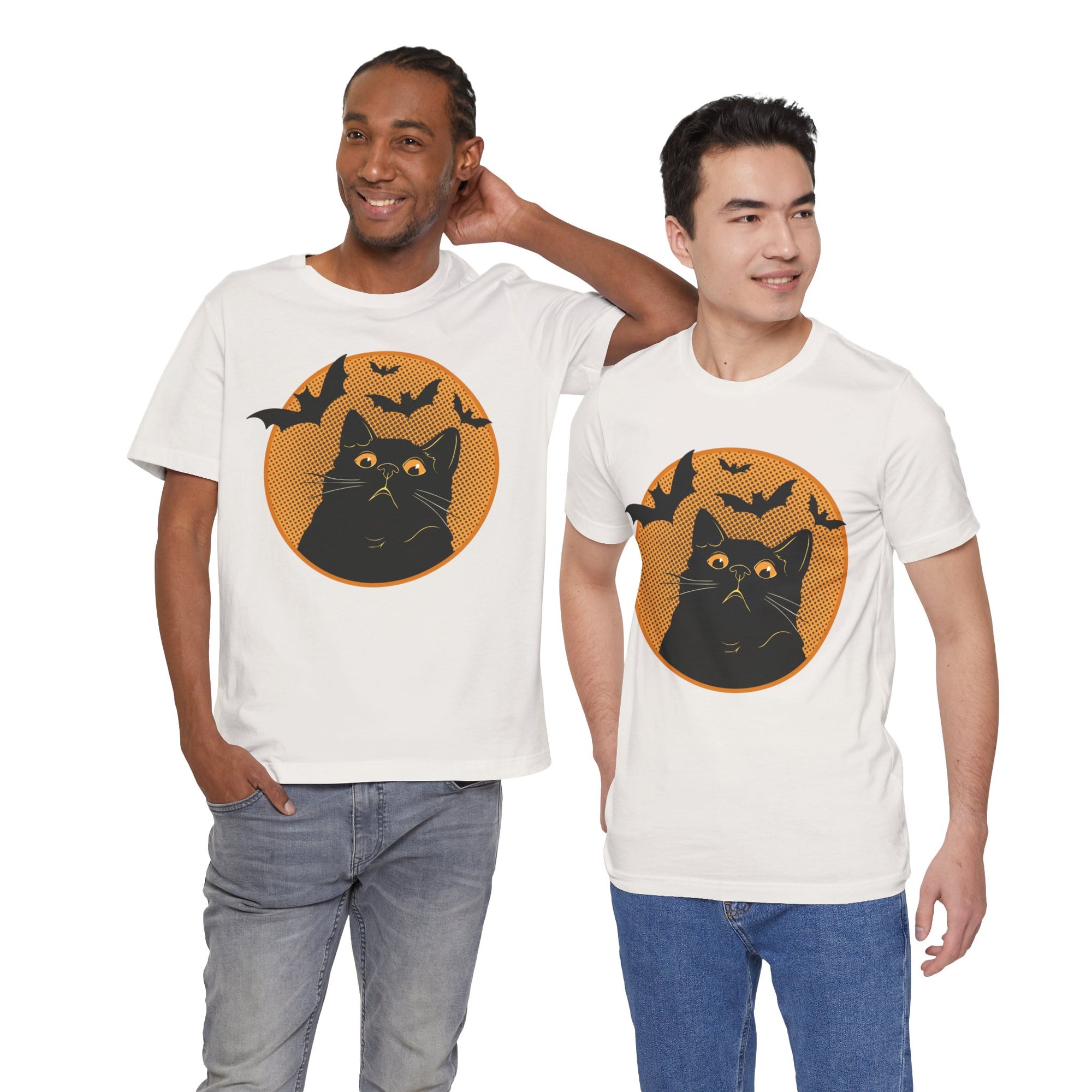 Two men wearing white t-shirts with a black cat and bats design on a white background