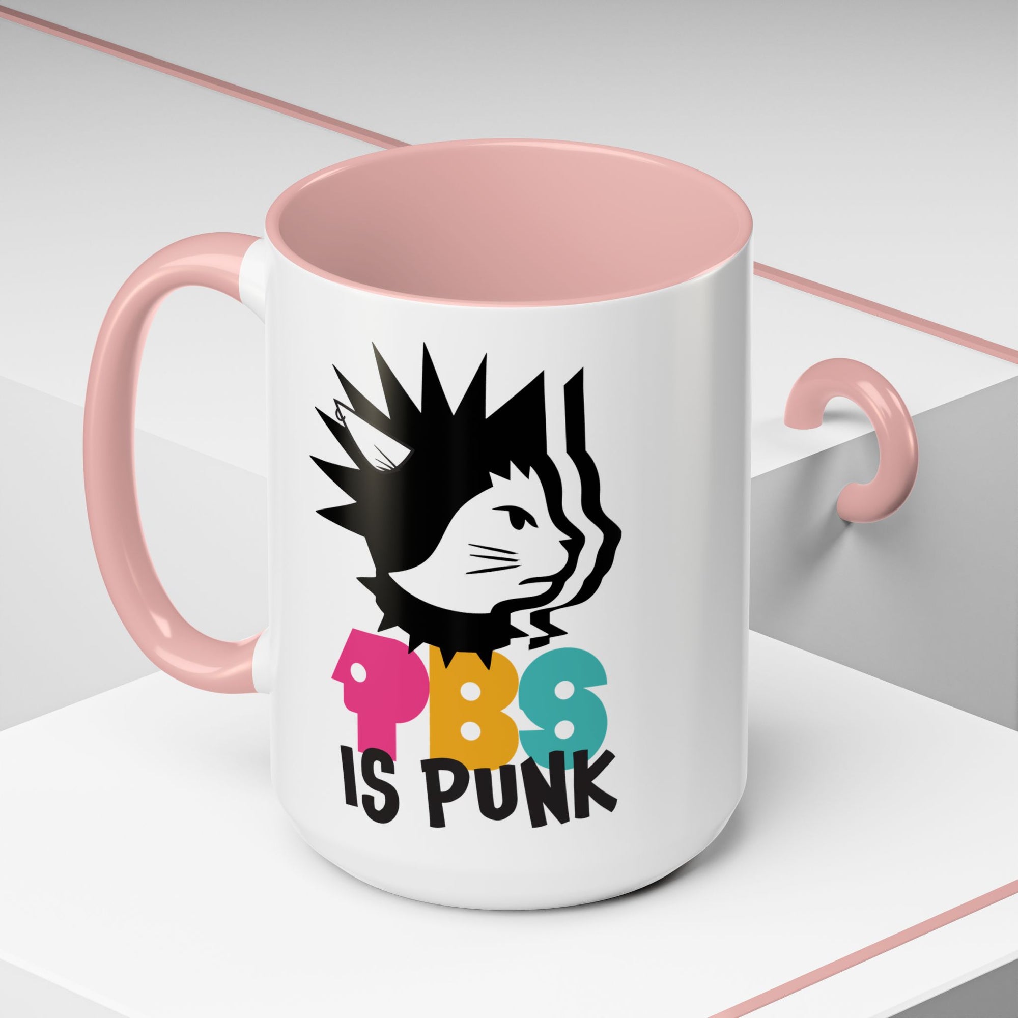 Mug with a cat graphic and 'PBS is Punk' text on a white background