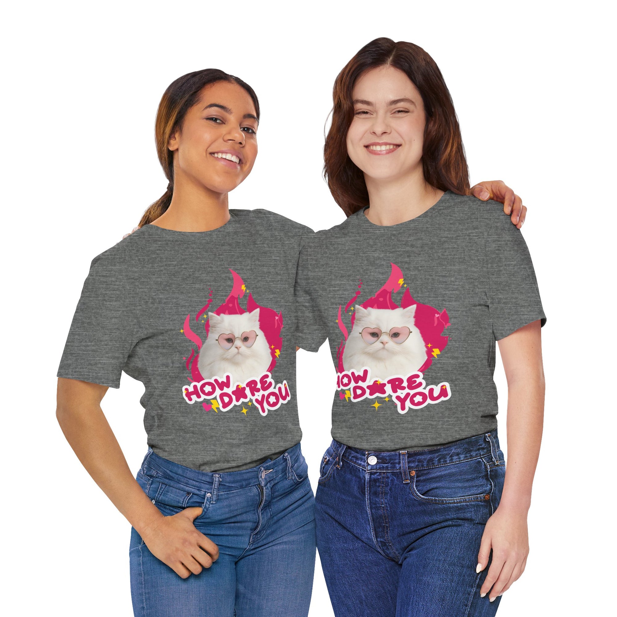 Two people wearing gray t-shirts with a cat graphic and text on a white background