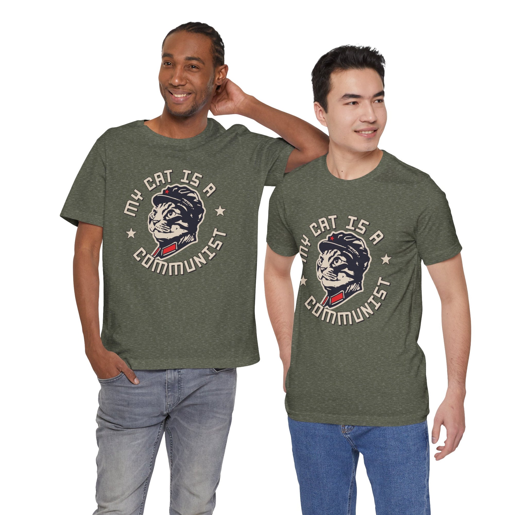 Two men wearing t-shirts with a graphic design of a cat and text on a white background