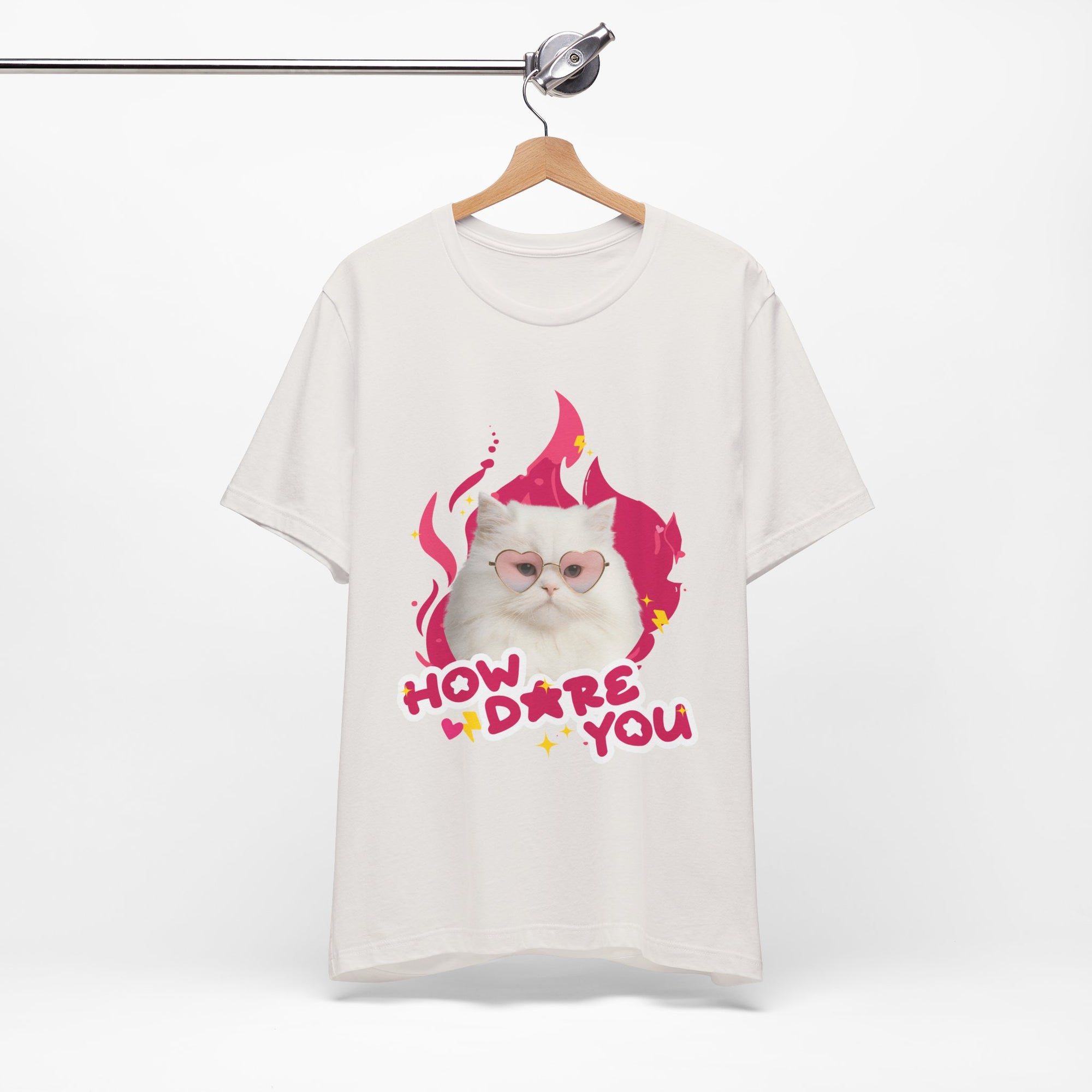 White t-shirt with a cat graphic and text on a hanger against a white background