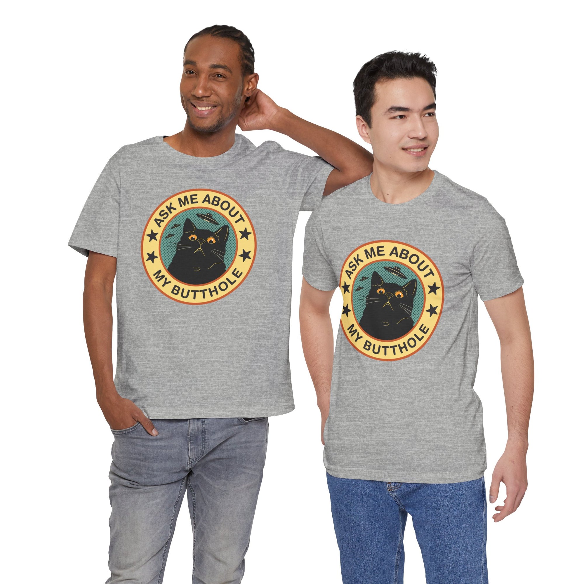 Black t-shirt featuring a retro-style circular black cat badge with stars, bats, and the phrase “Ask Me About My Butthole.”

