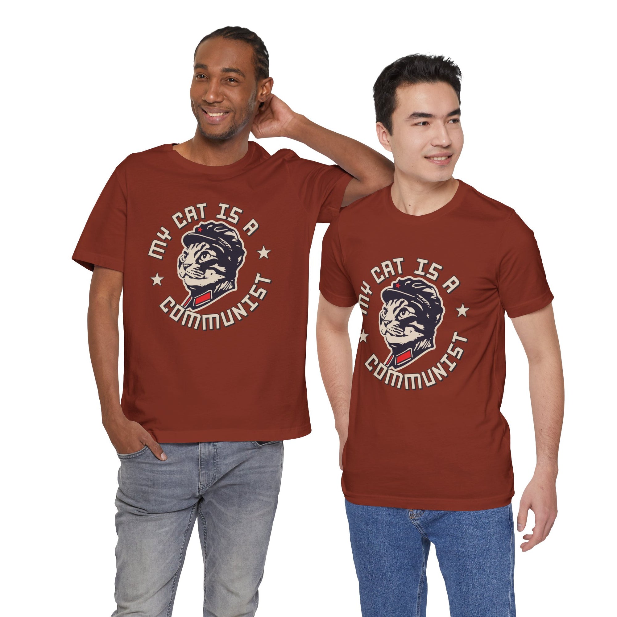Two men wearing red t-shirts with a graphic design and text on a white background