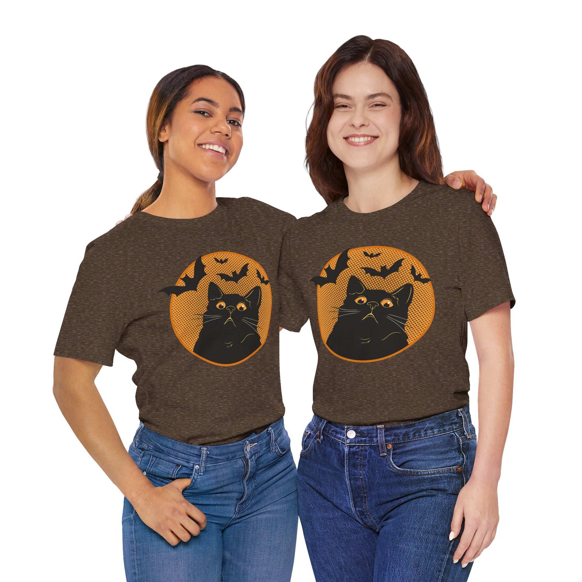Two people wearing brown t-shirts with cat and bats on a white background