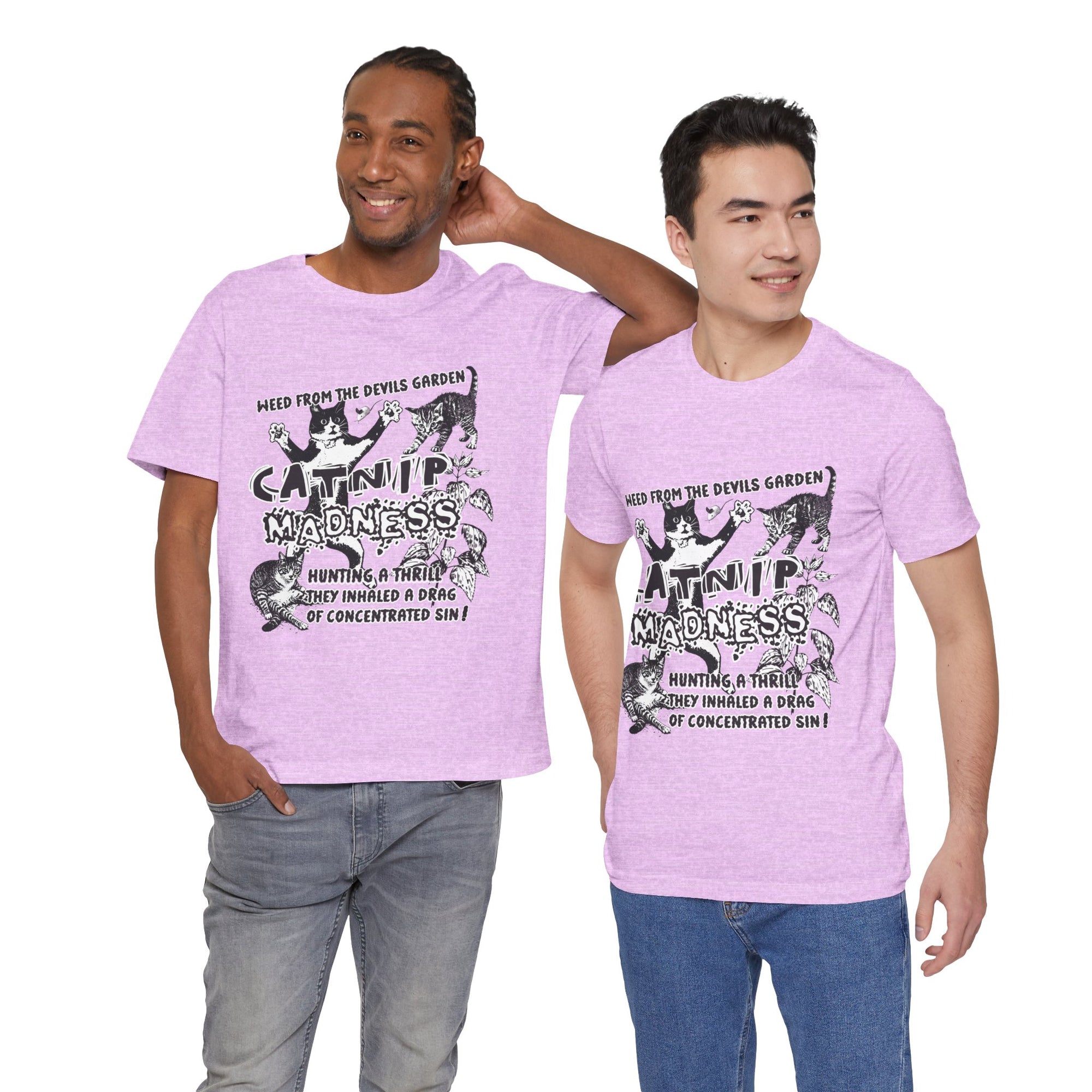 Two men wearing matching purple t-shirts with graphic designs and text.