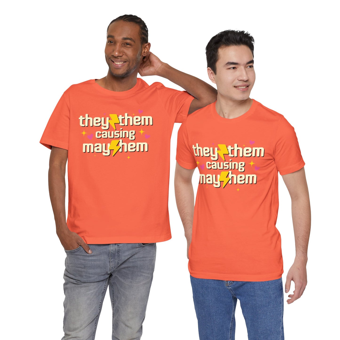 Two people wearing orange t-shirts with a message on a white background
