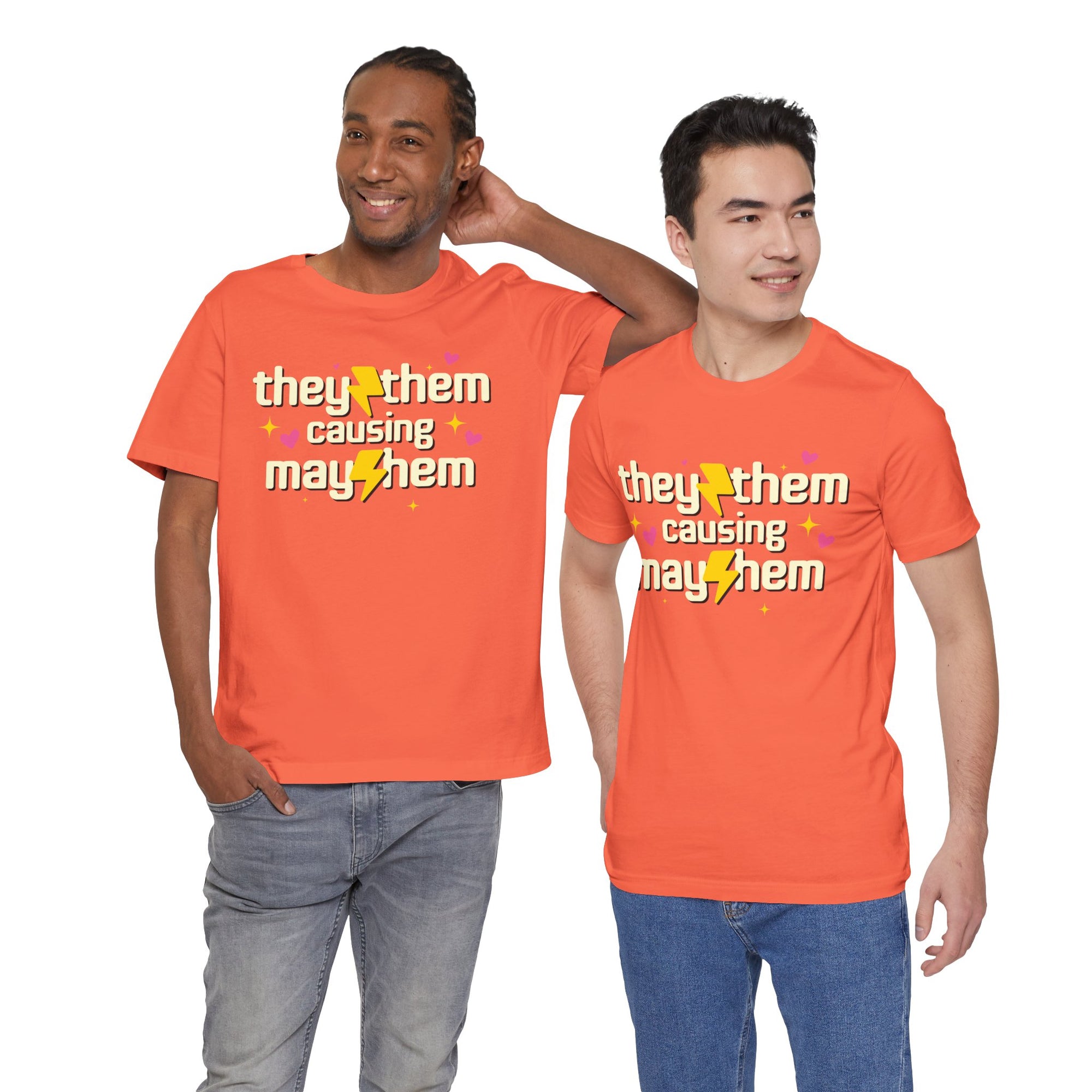 Two people wearing orange t-shirts with a message on a white background