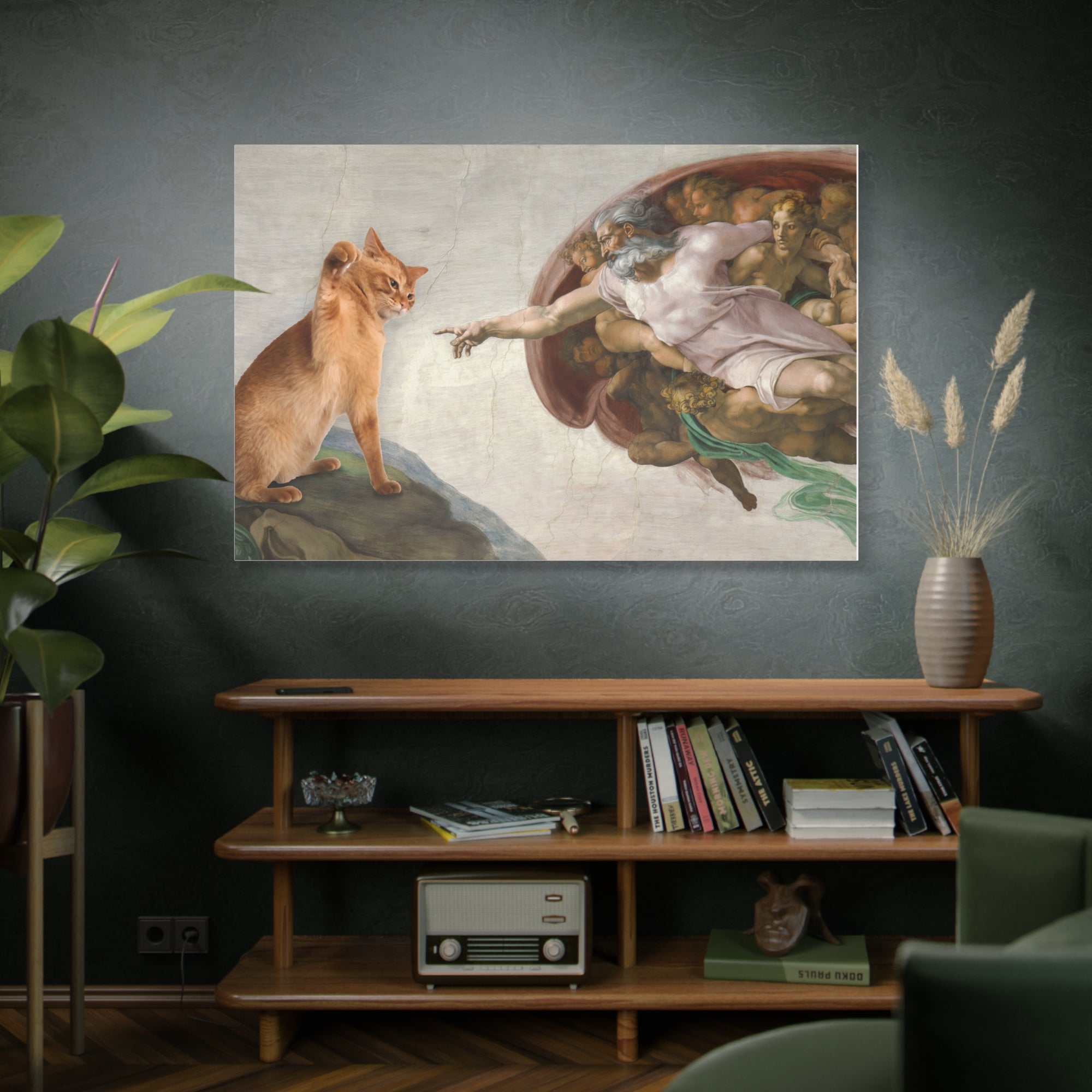 Surreal artwork of a cat interacting with classical sculpture on a wall above a wooden shelf.