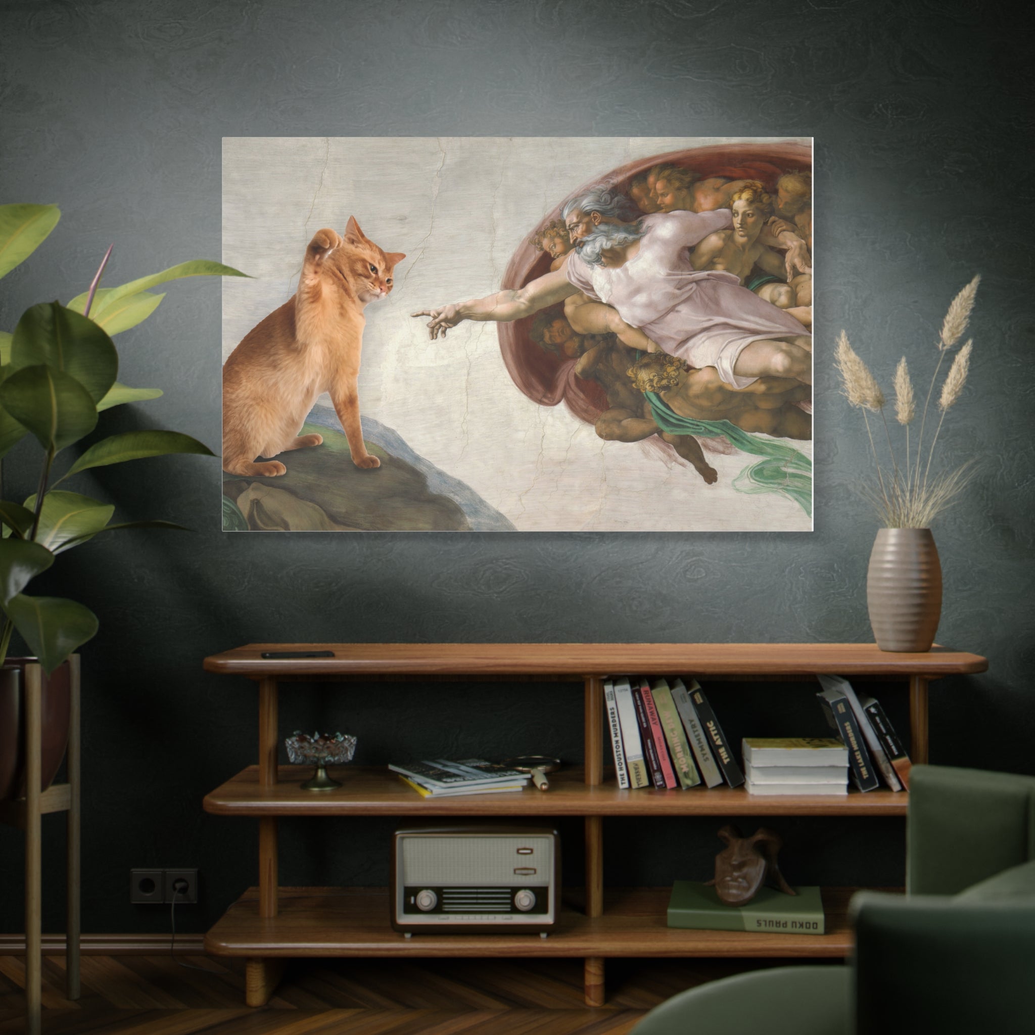Surreal artwork of a cat interacting with classical sculpture on a wall above a wooden shelf.