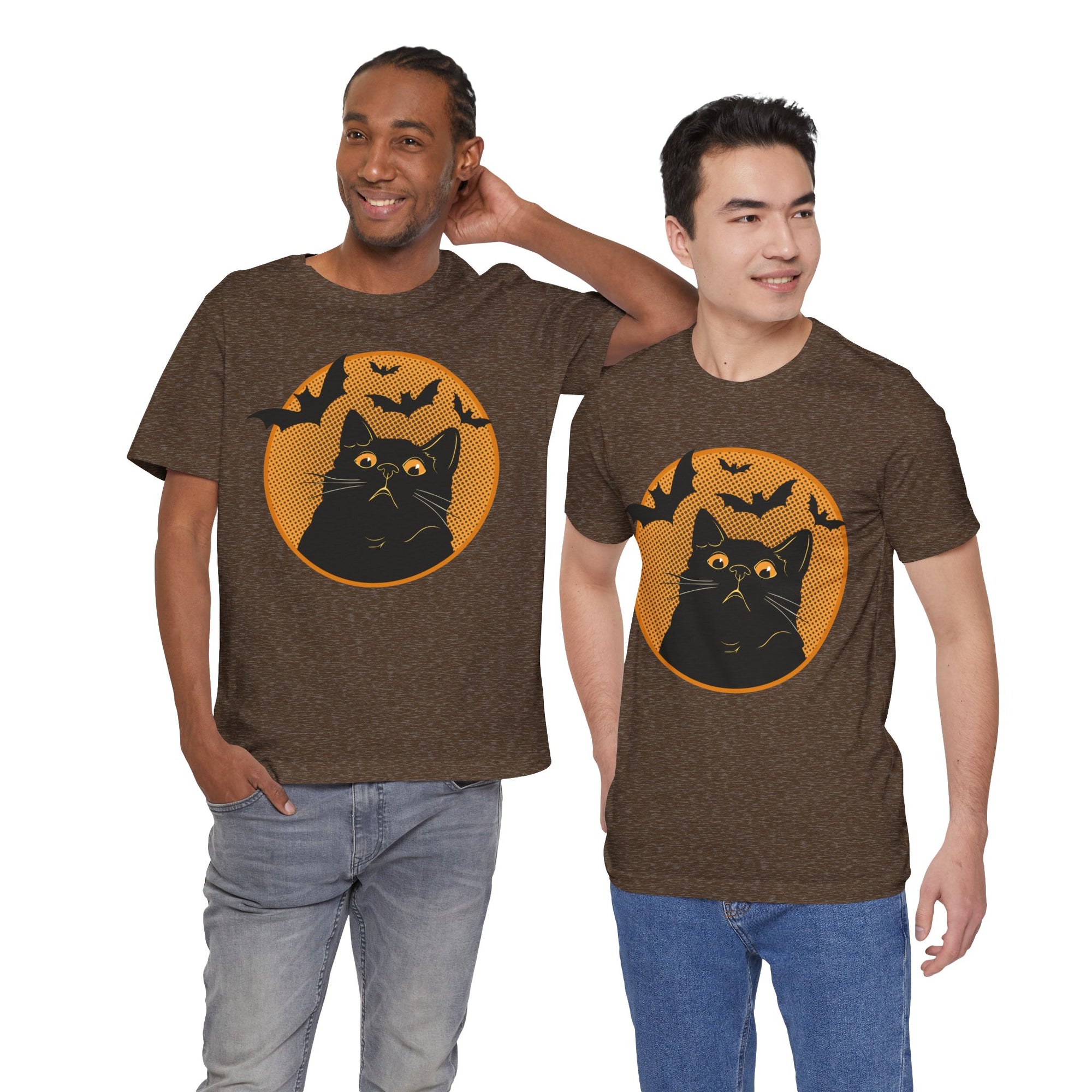 Two men wearing Halloween-themed t-shirts with a black cat and bats design.