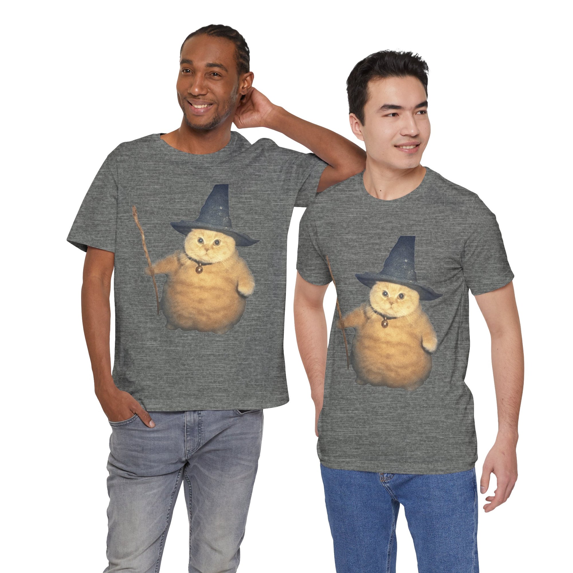 Two men wearing gray t-shirts with a cartoon cat in a witch hat design.