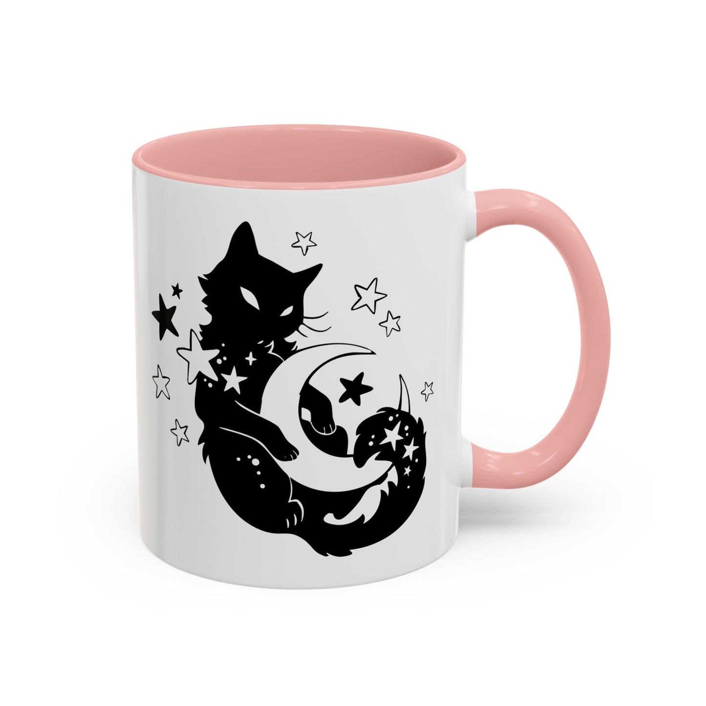 White mug with pink interior and handle featuring a black cat, moon, and star design.
