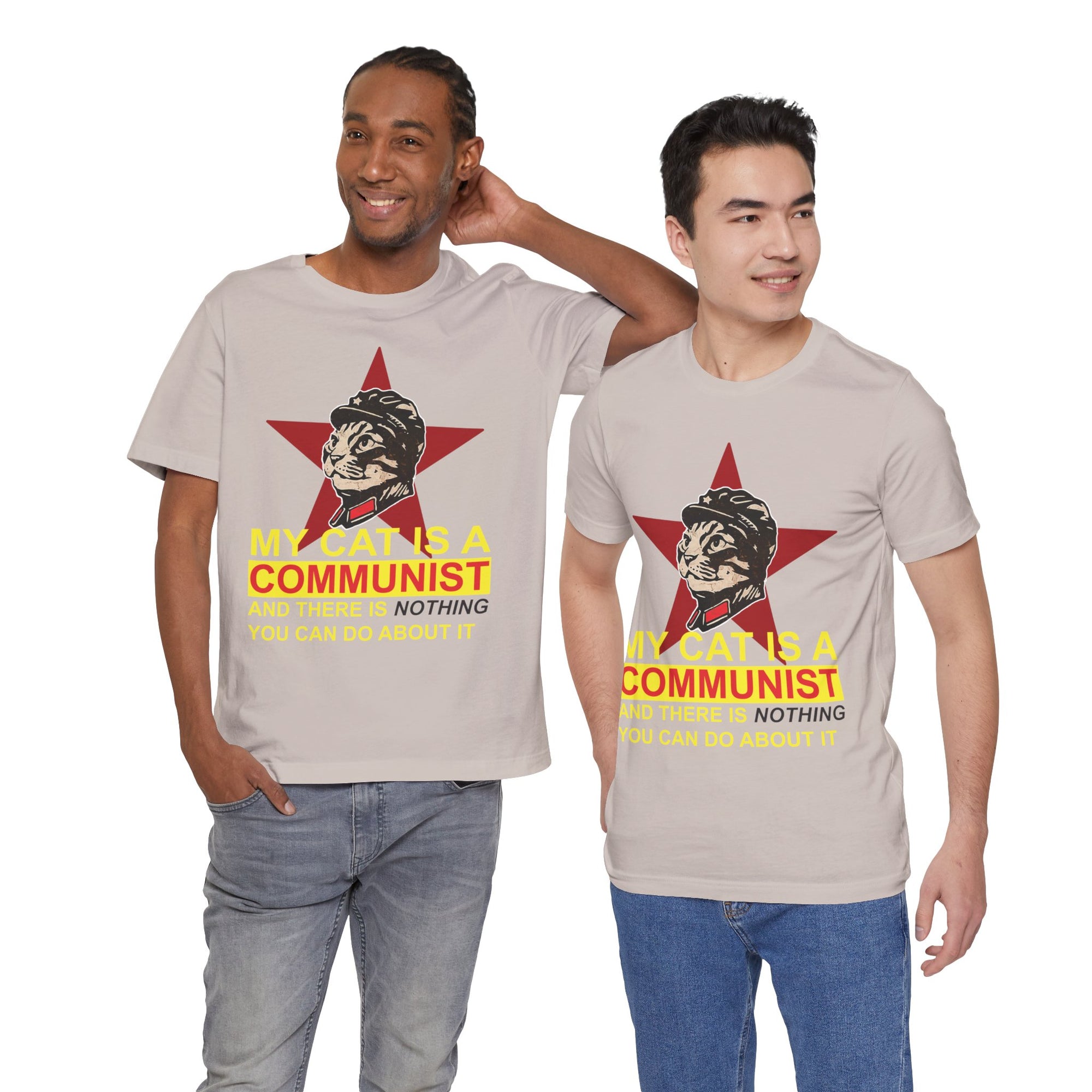 Two men wearing t-shirts with a cat graphic and text on a white background