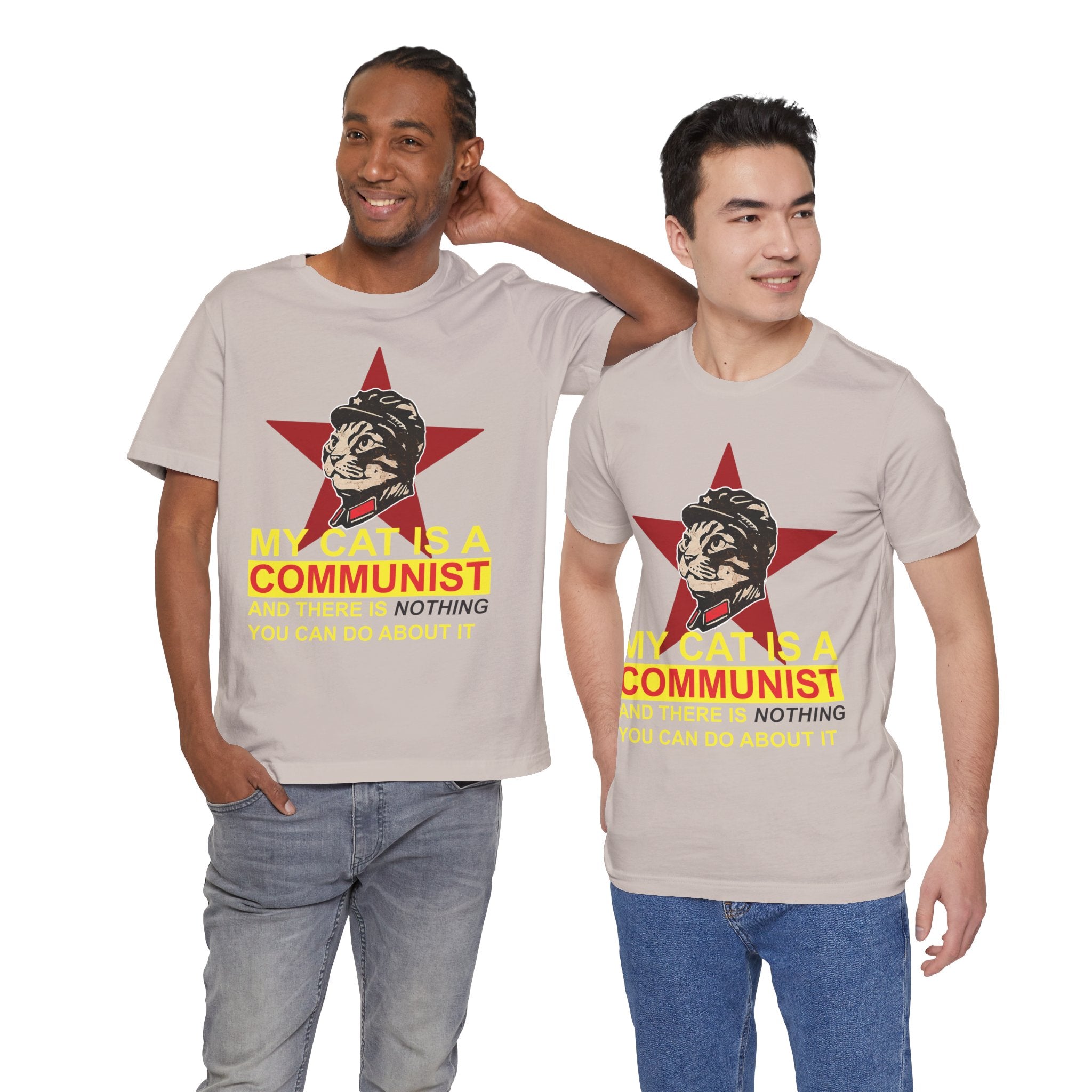 Two men wearing t-shirts with a cat graphic and text on a white background