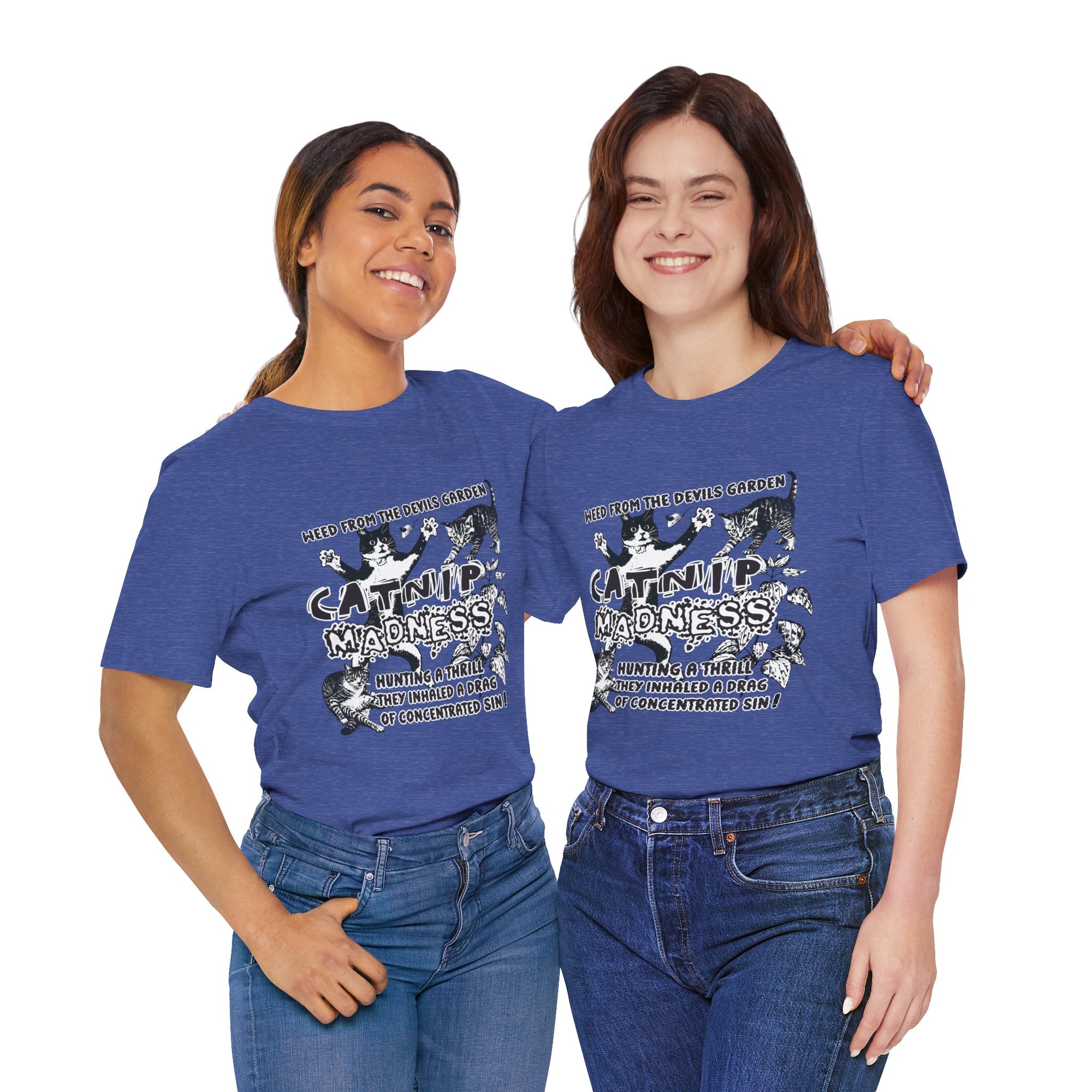 Two people wearing blue t-shirts with a graphic design on a white background