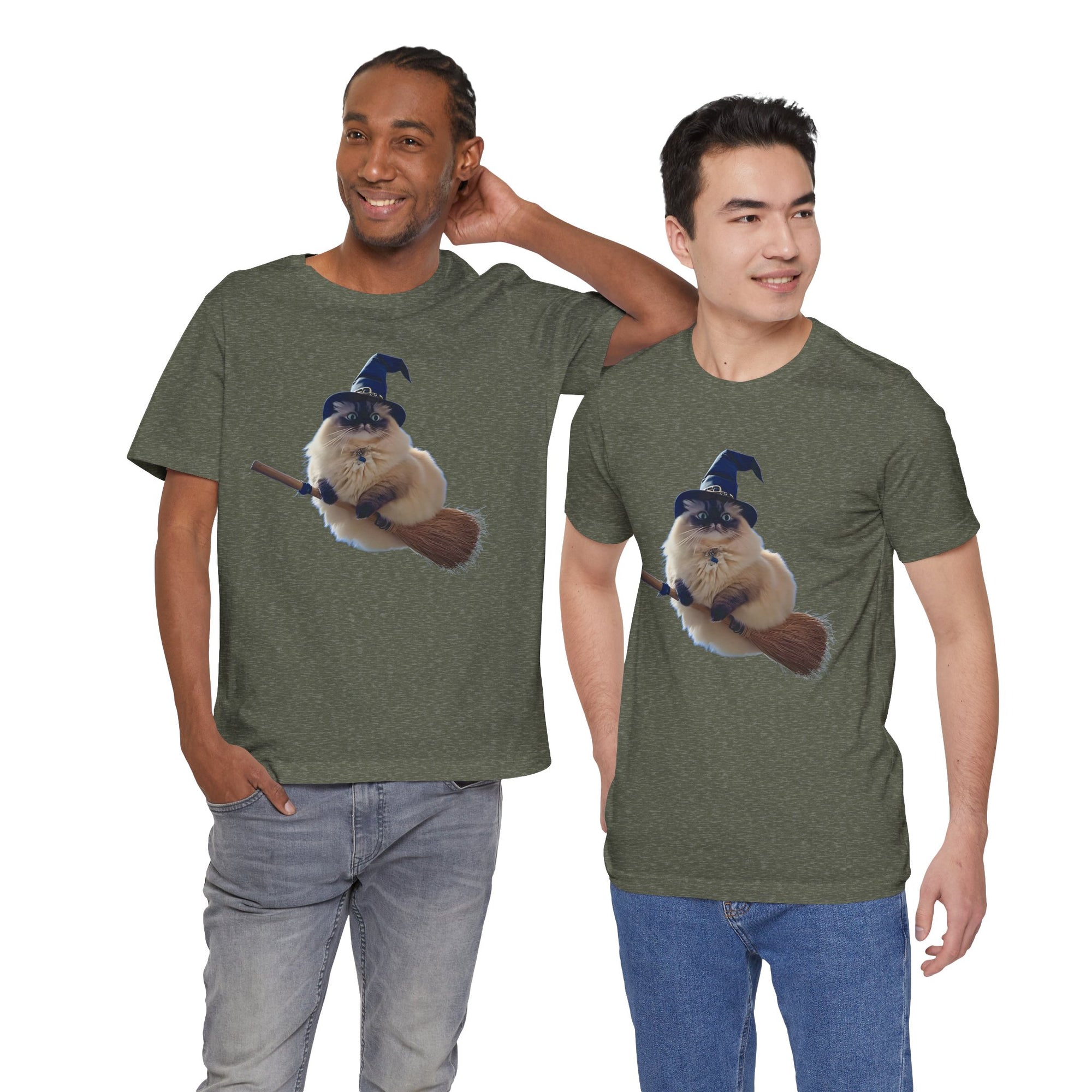 Two men wearing green t-shirts with a graphic of a cat in a witch hat and broom.