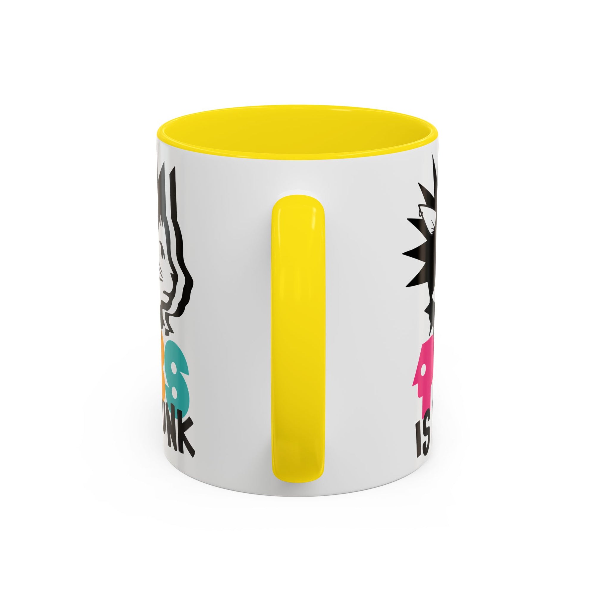 White mug with yellow interior and handle, featuring colorful text and graphics on a white background