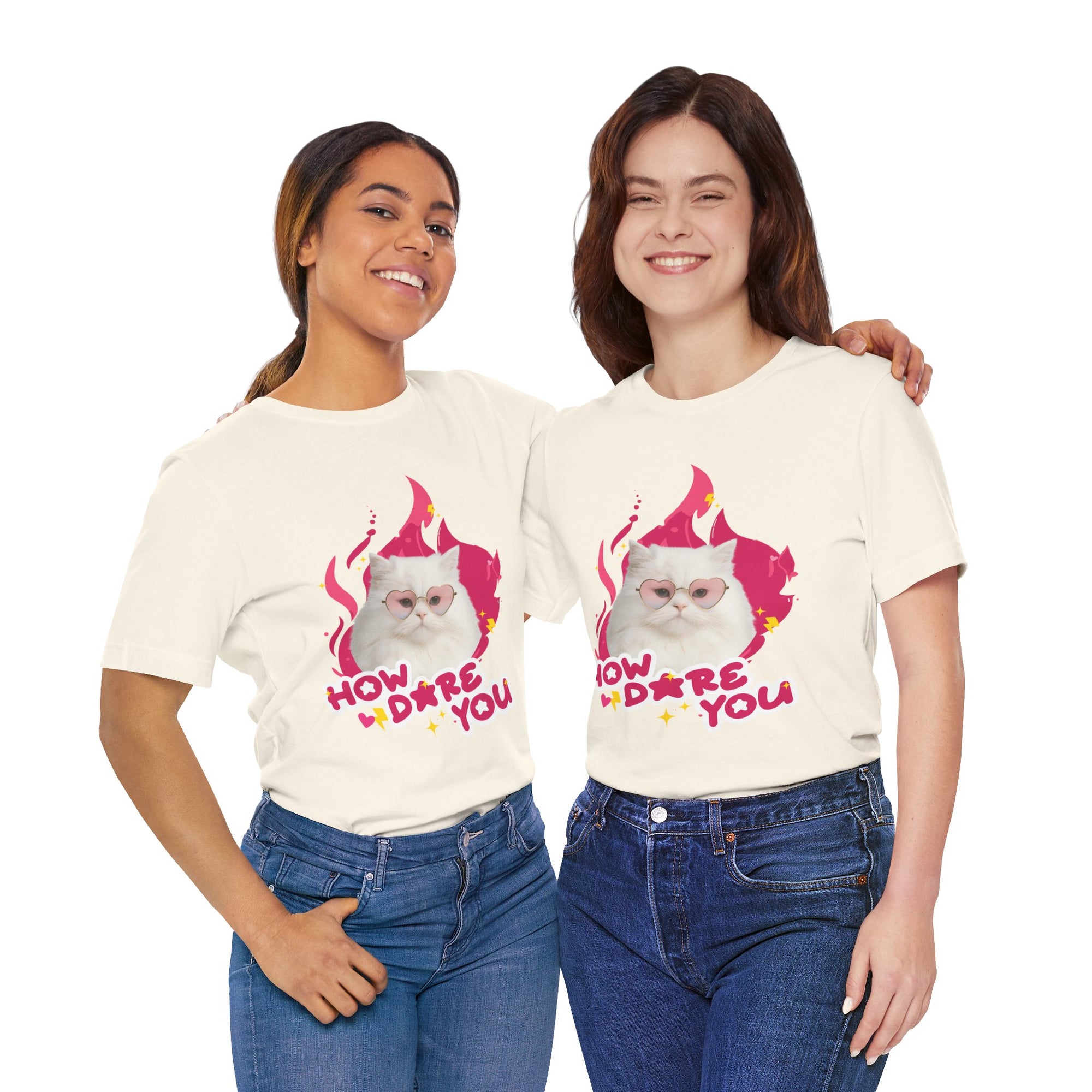 Two people wearing matching t-shirts with a graphic of a cat and text on a white background