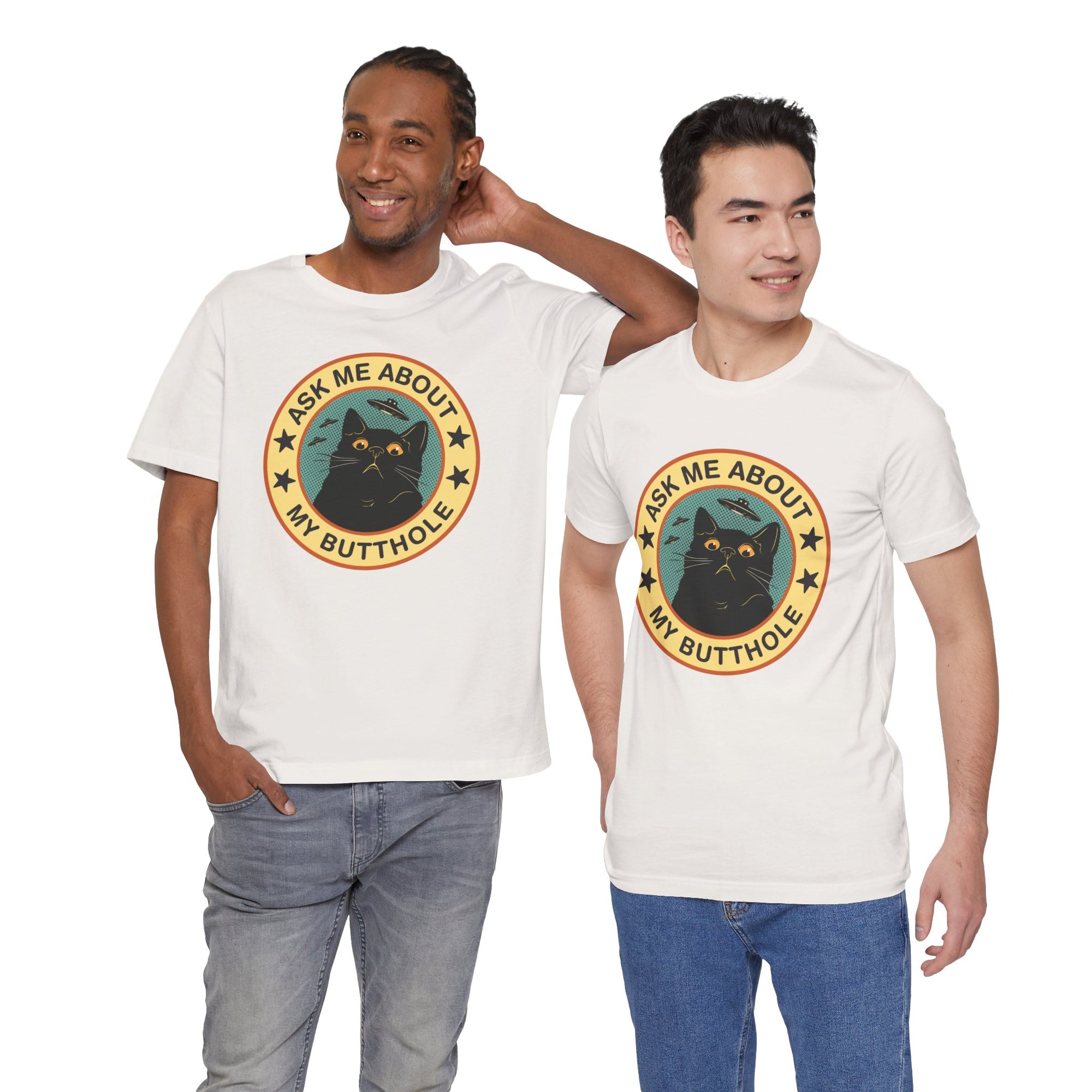 Two men wearing white t-shirts with a black cat graphic and text on a white background