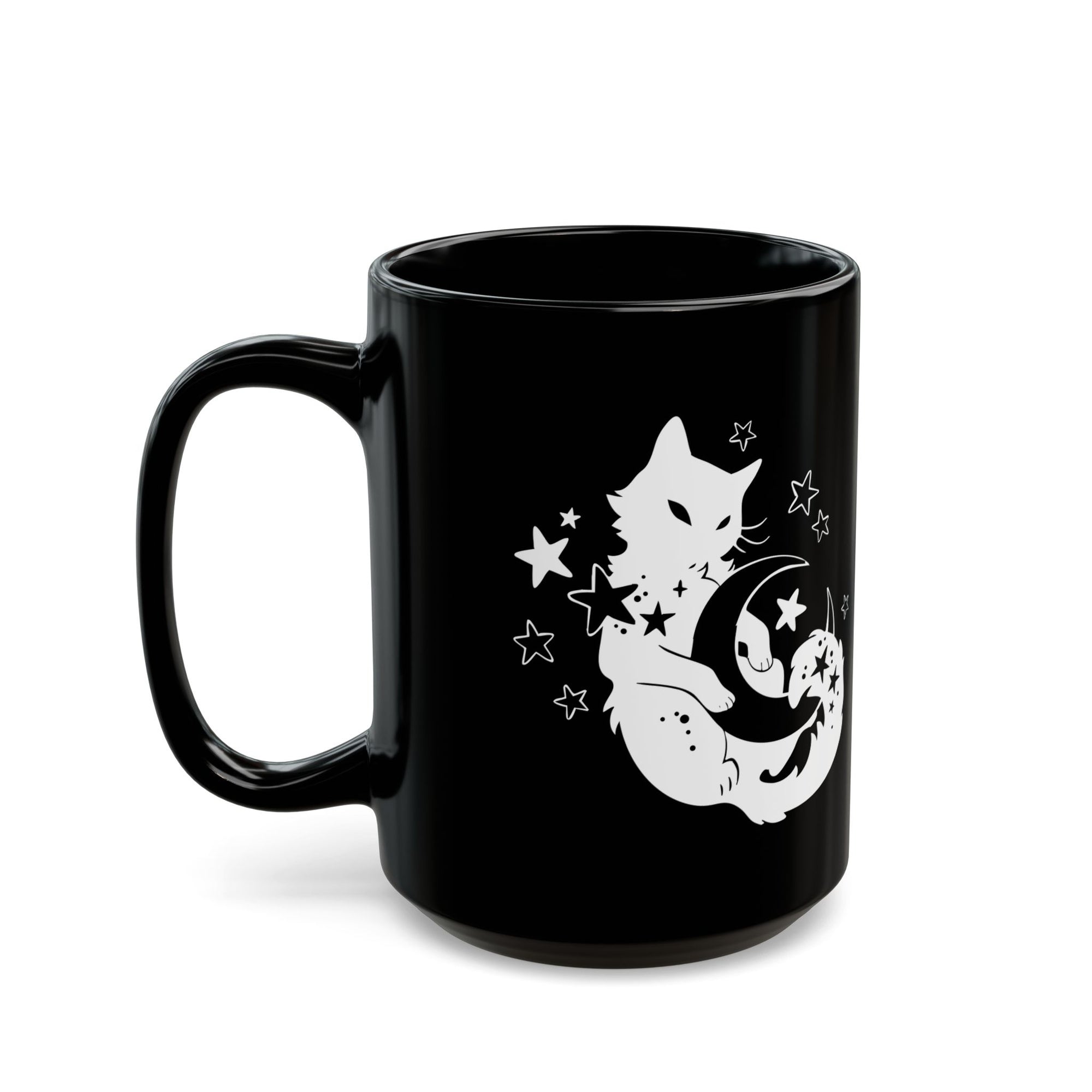 Black mug with white cat and moon design on a white background