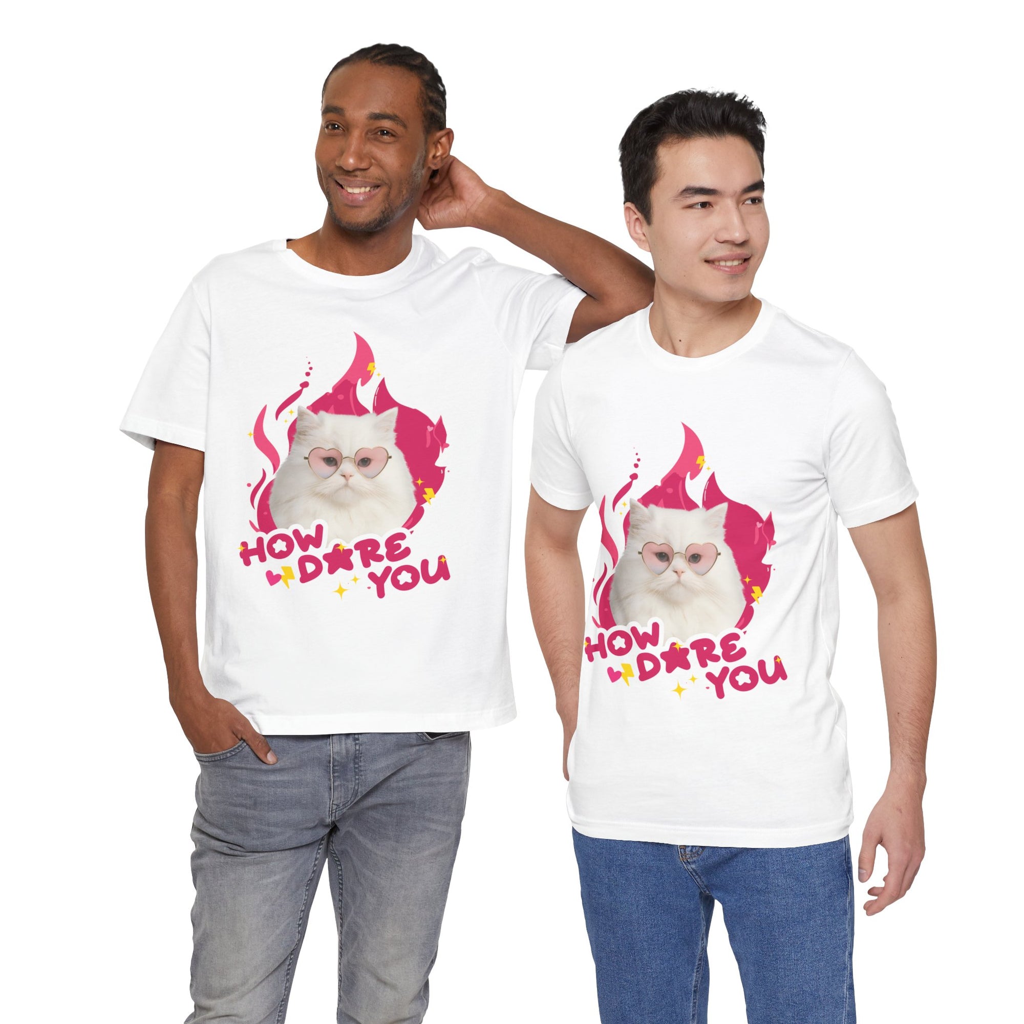 Two men wearing white t-shirts with a graphic of a cat and text 'How Dare You' on a white background.
