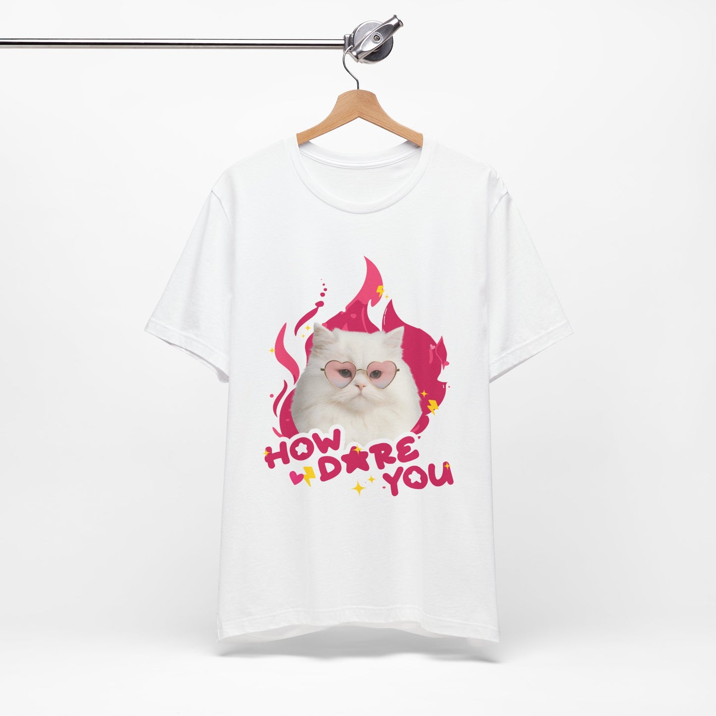 White t-shirt with a cat graphic and text on a white background