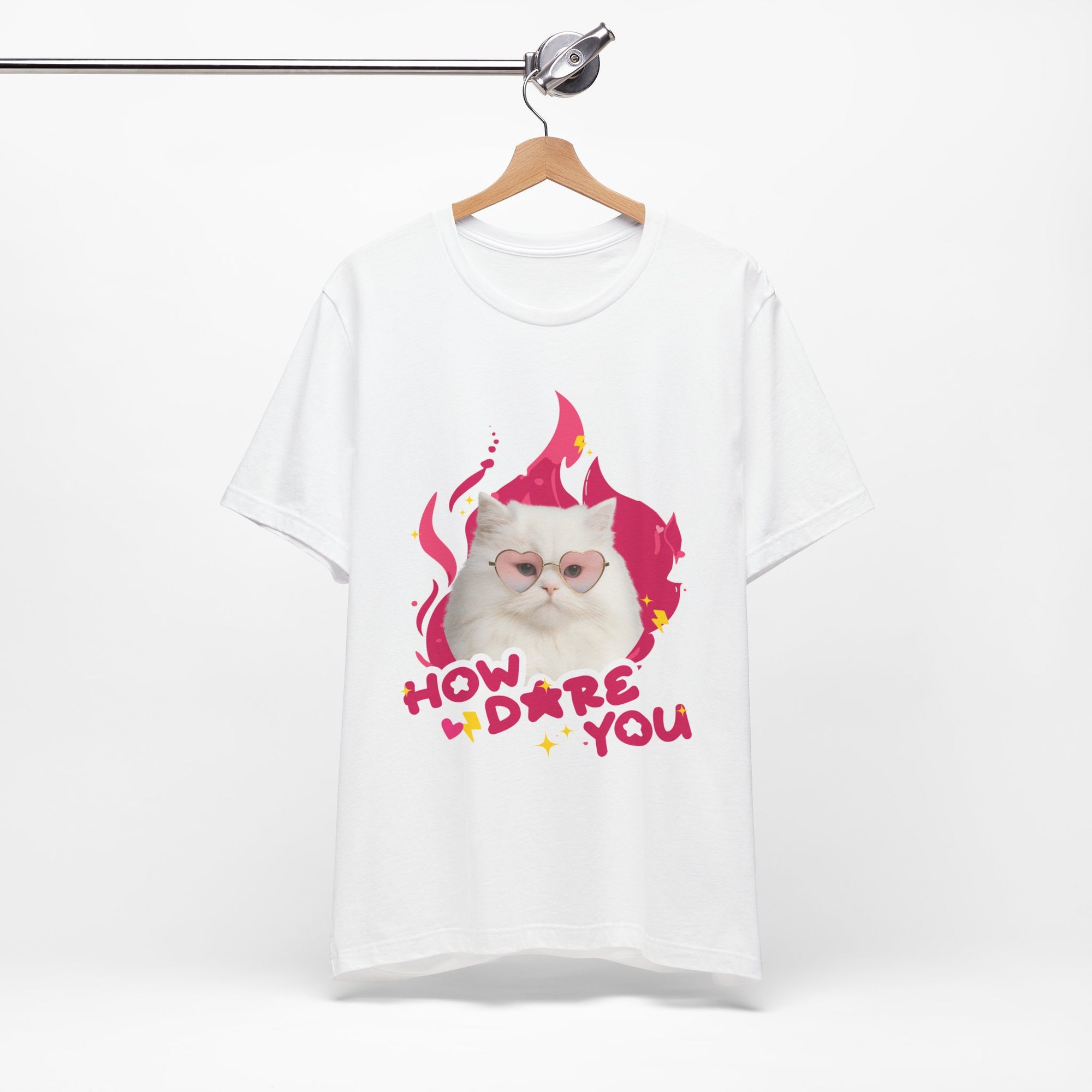 White t-shirt with a cat graphic and text on a white background