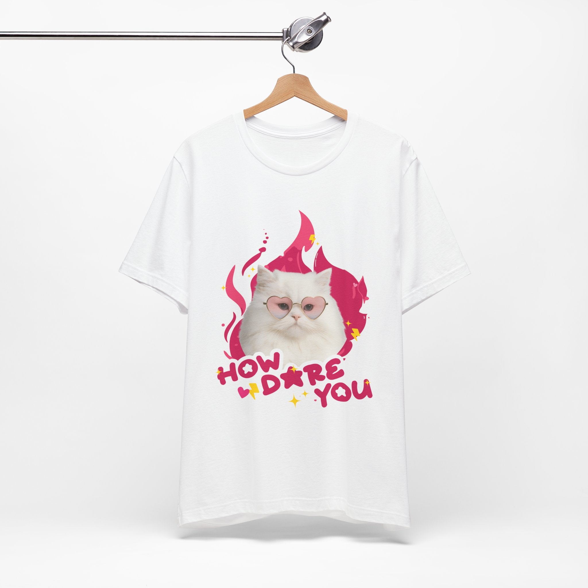 White t-shirt with a cat graphic and text on a white background