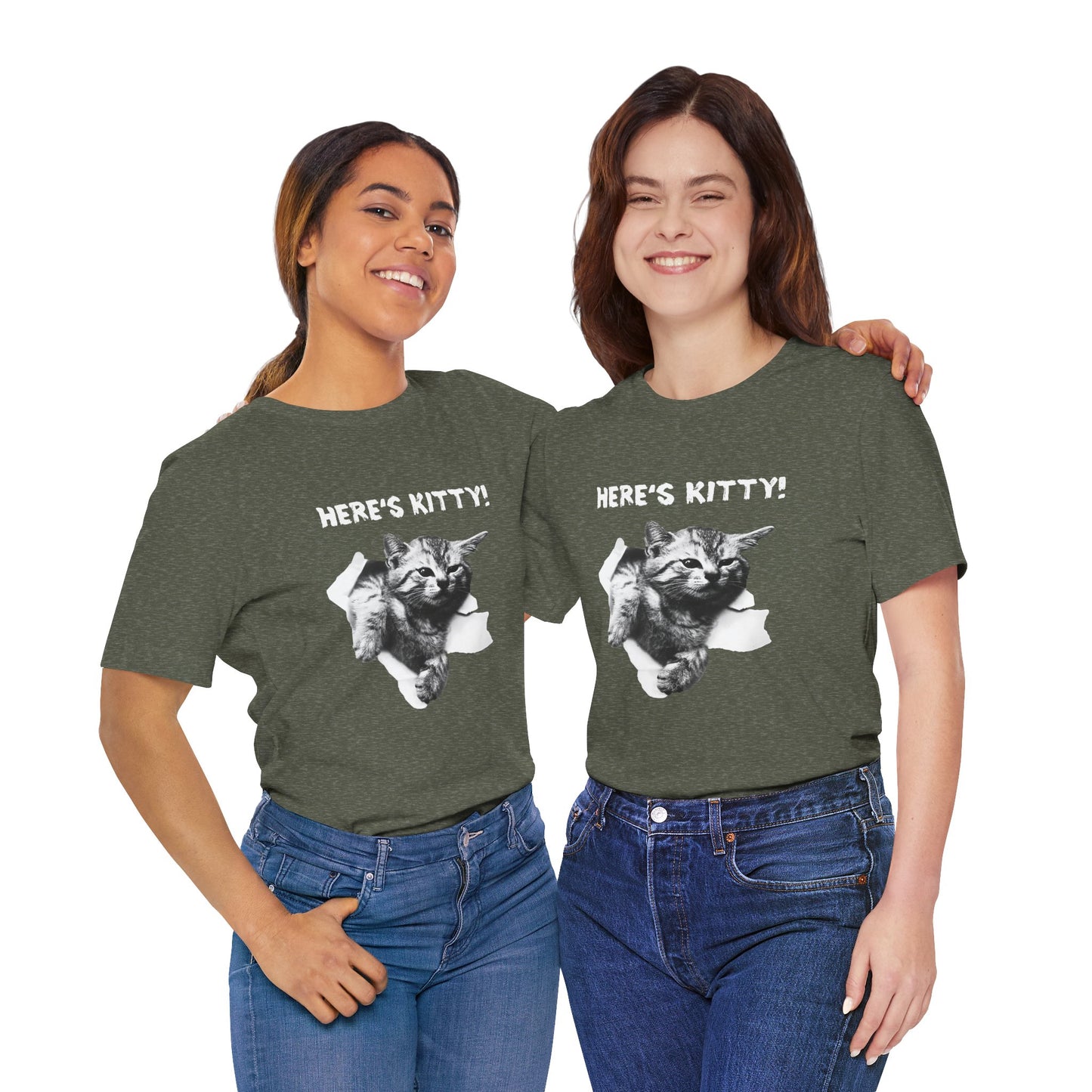 Two people wearing gray t-shirts with a cat graphic and 'Here's Kitty!' text.