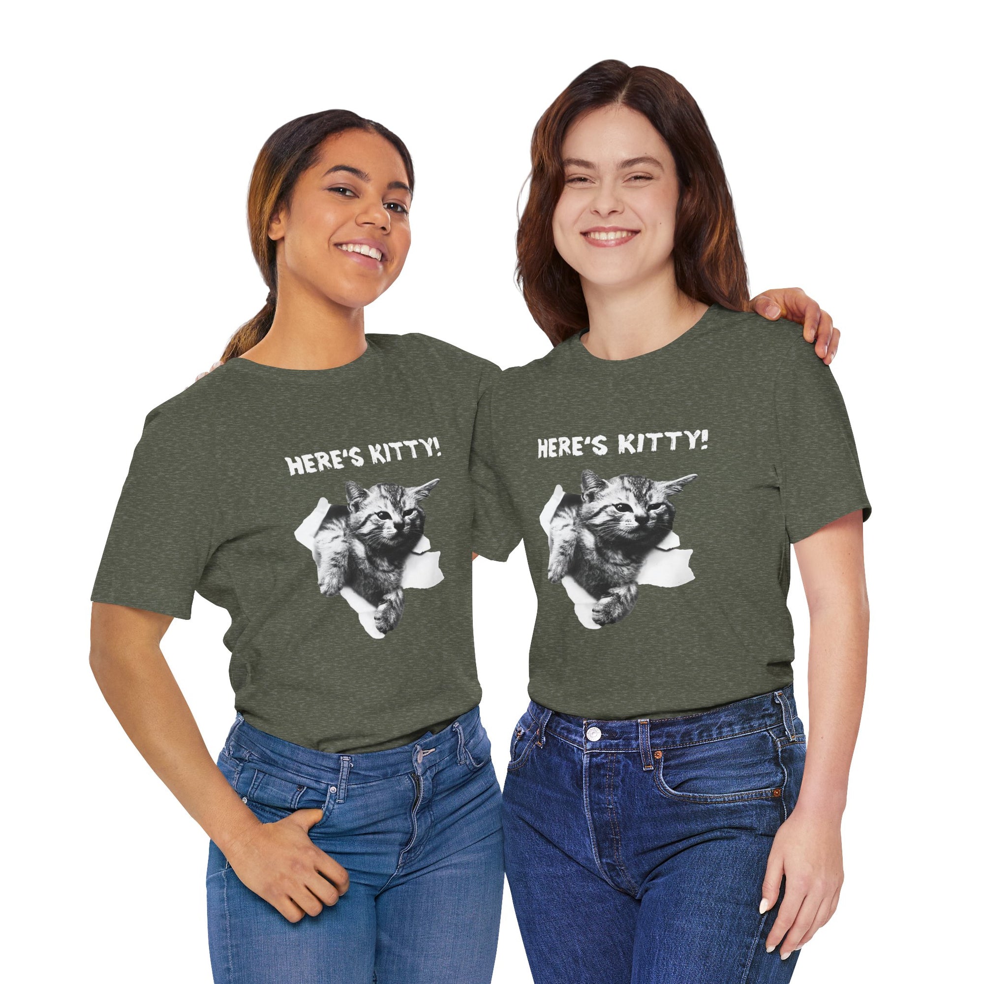 Two people wearing gray t-shirts with a cat graphic and 'Here's Kitty!' text.