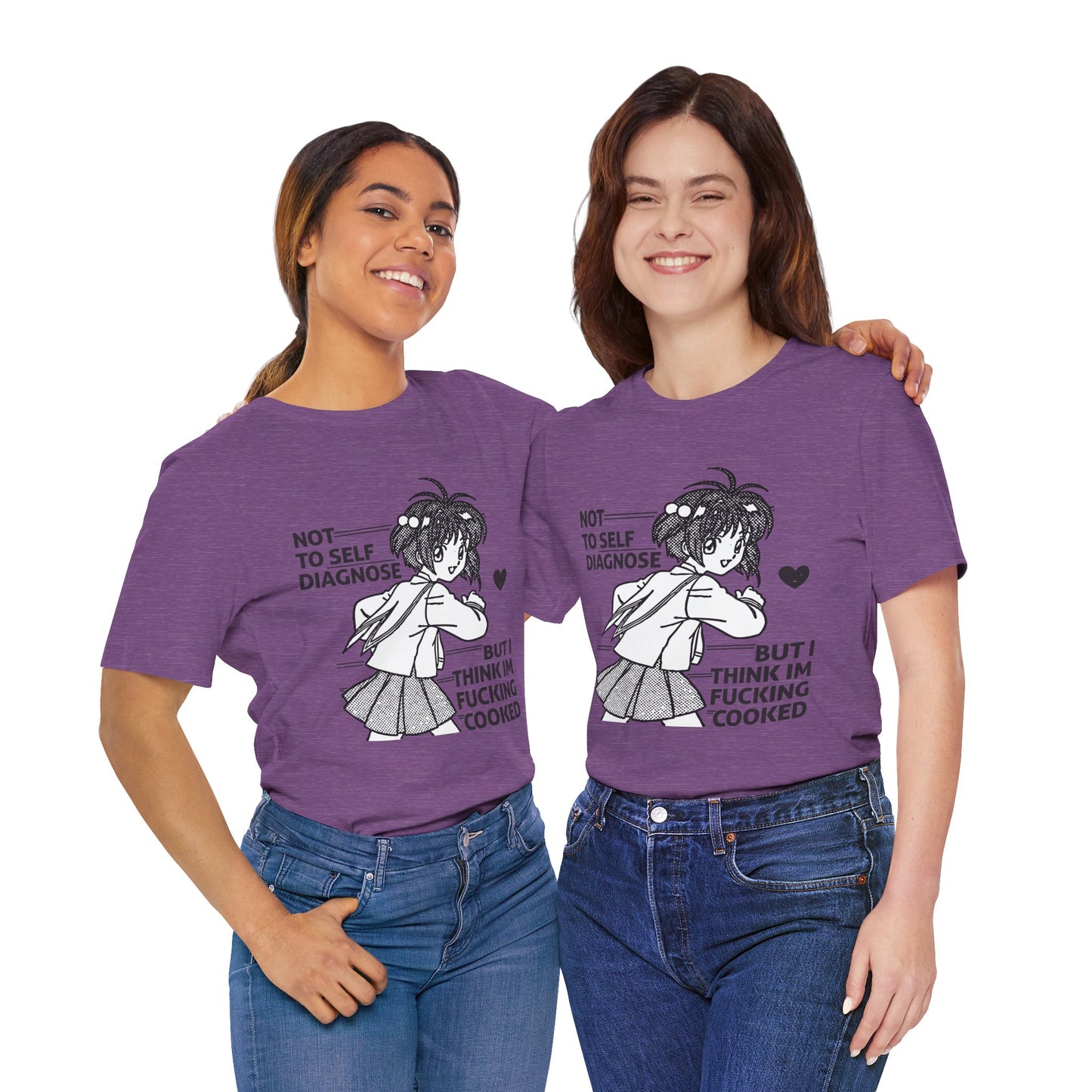 Two people wearing purple t-shirts with a graphic and text on a white background
