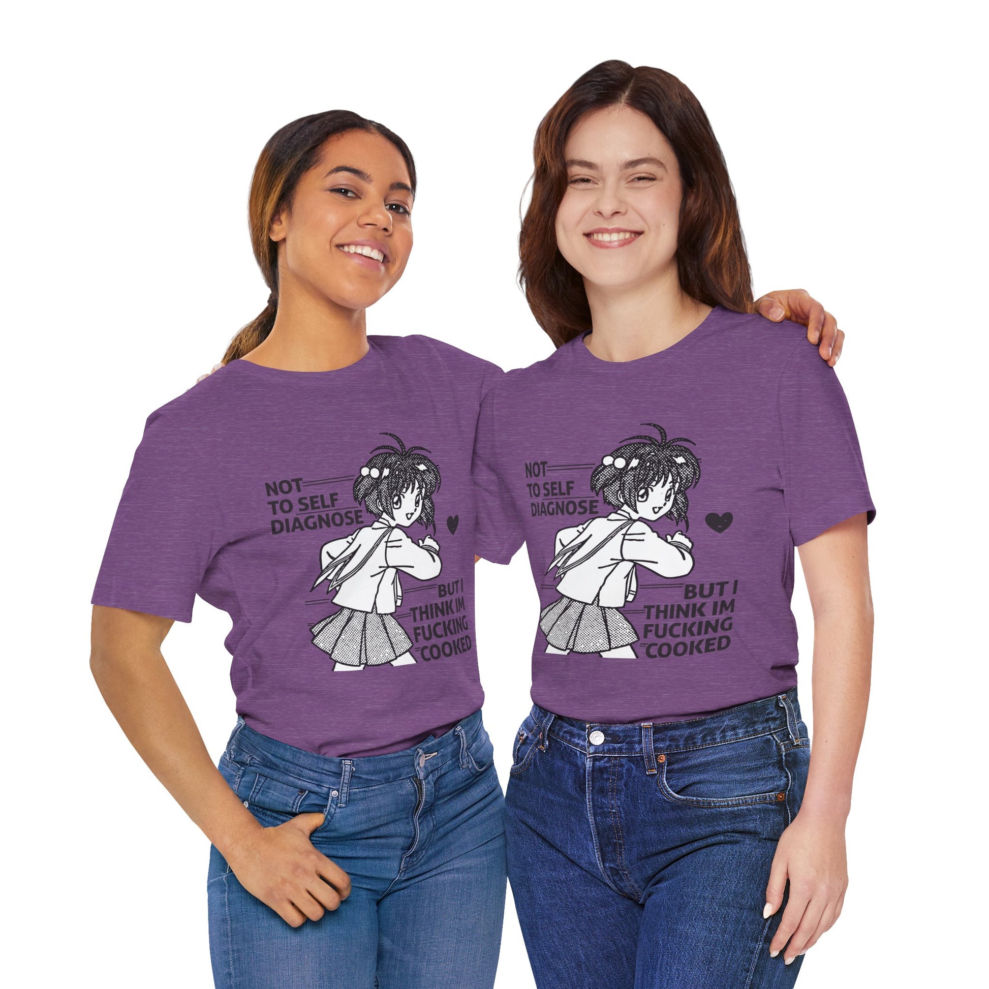 Two people wearing purple t-shirts with a graphic and text on a white background