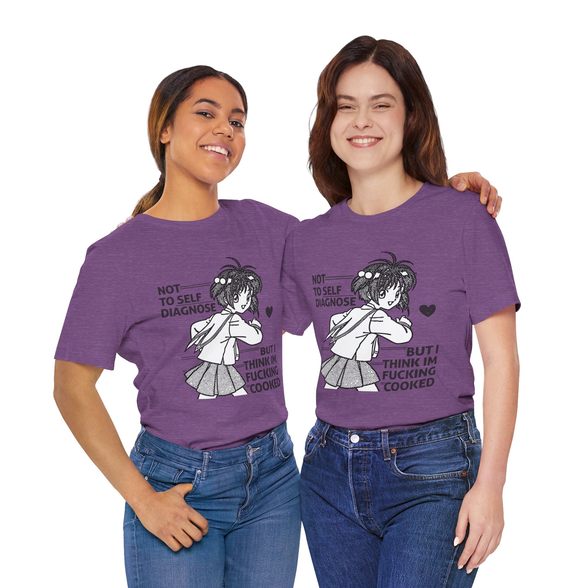 Two people wearing purple t-shirts with a graphic and text on a white background