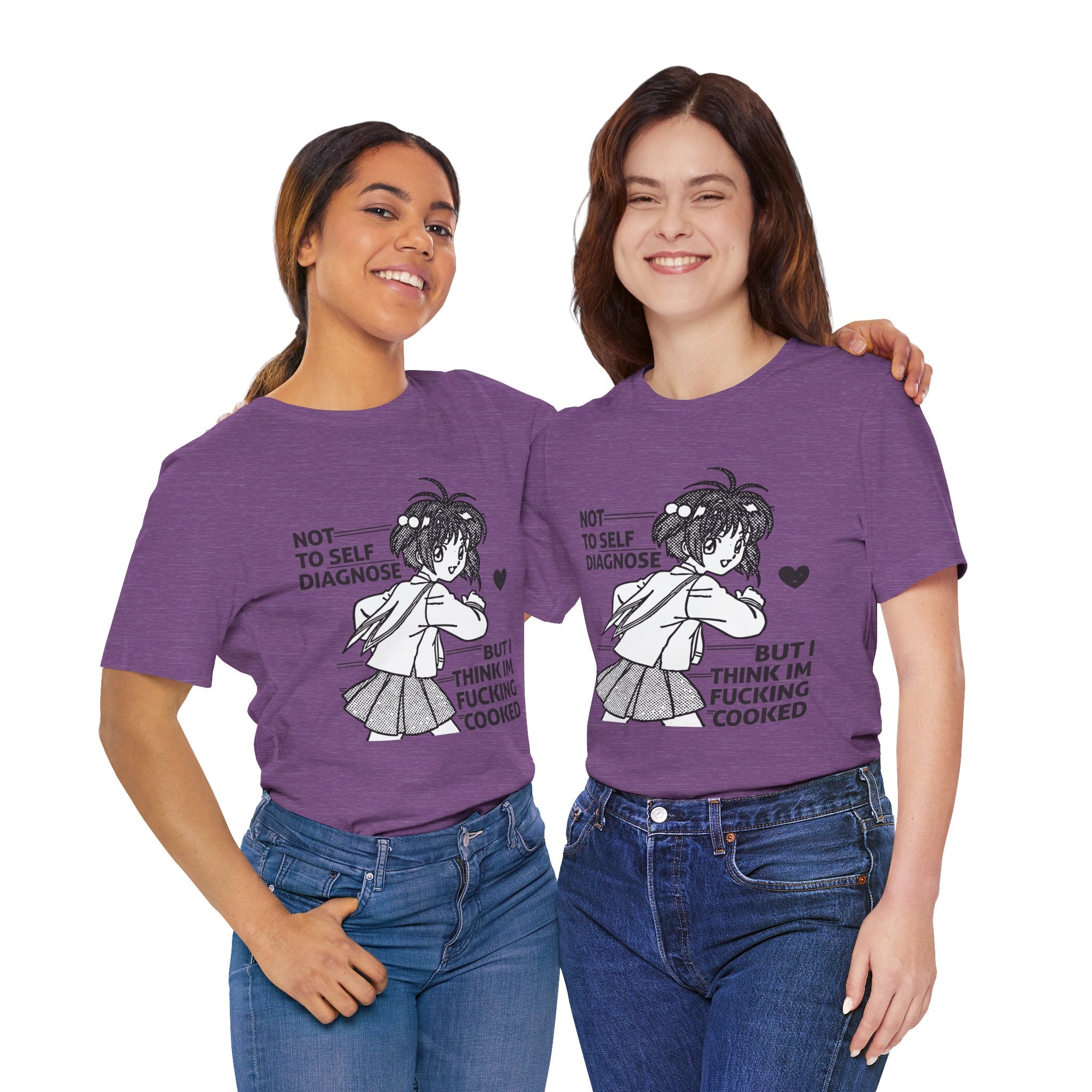 Two people wearing purple t-shirts with a graphic and text on a white background