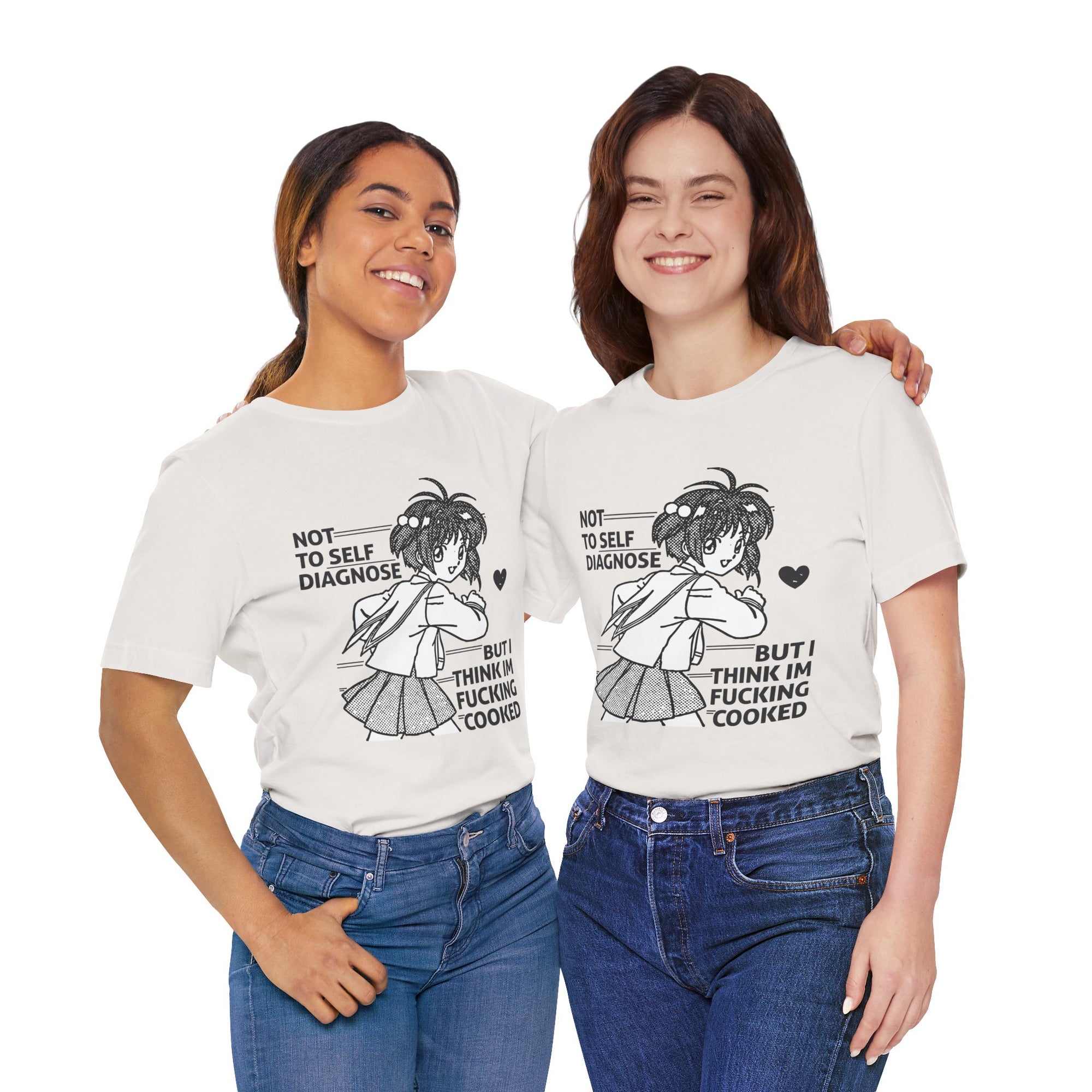 Two people wearing white t-shirts with a graphic and text, standing against a white background.